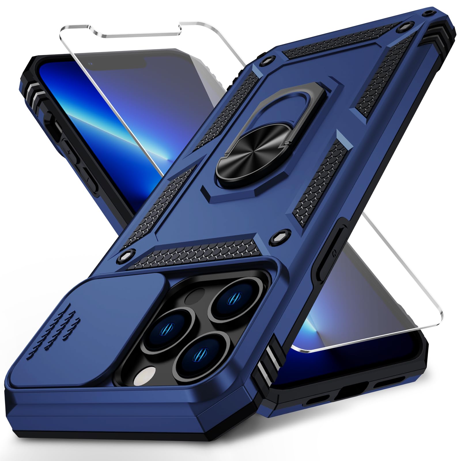 Premium iPhone 12 Pro Max Case with Camera Lens Cover & HD Screen Protector | 10FT Military-Grade Drop Protection | Magnetic Ring Holder & Kickstand | Navy Blue | Perfect for Outdoor Activities, Travel, and Daily Protection