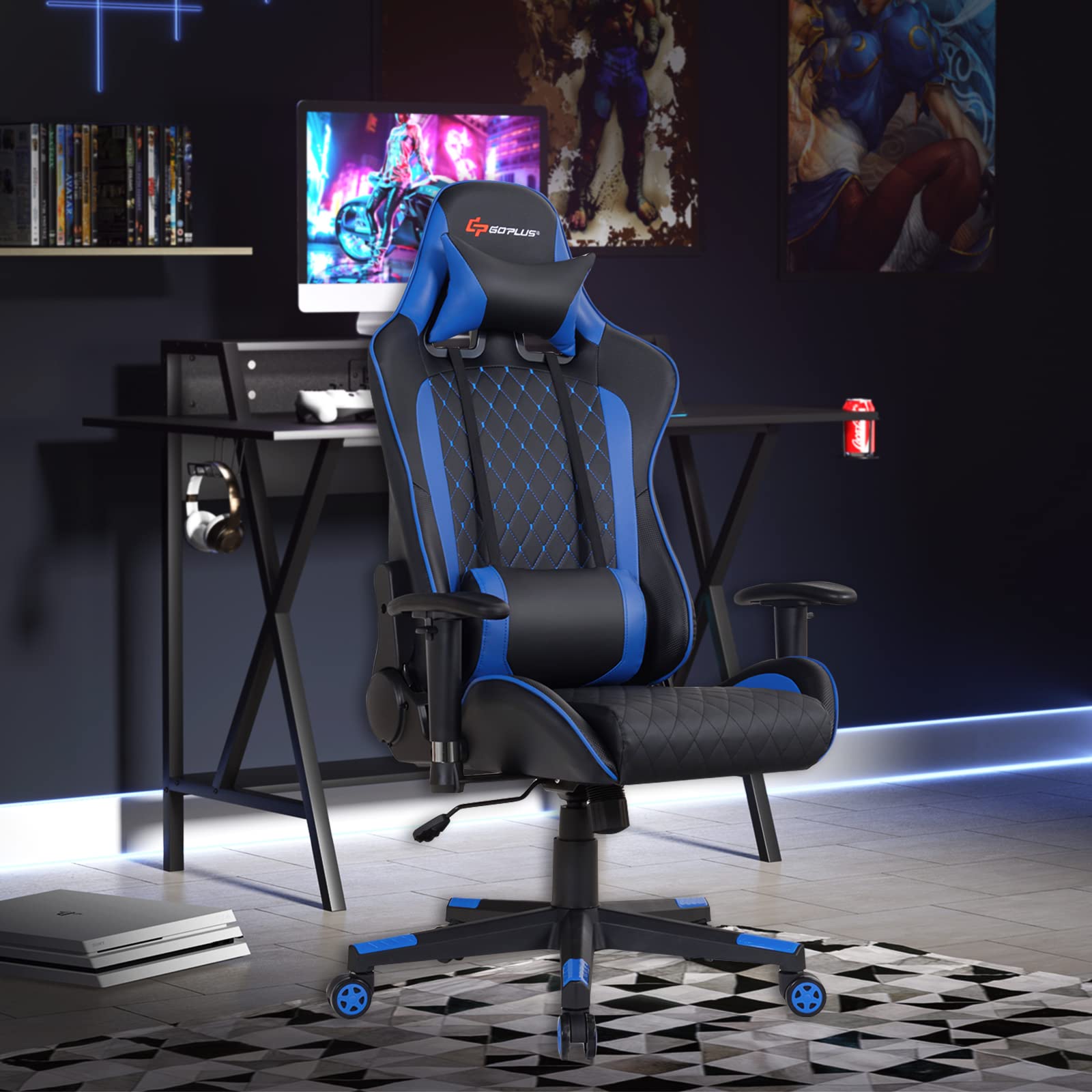 Powerstone Ergonomic Gaming Chair with Adjustable Armrest, Massage Lumbar Support & Wide Cushion - Blue Office Computer Chair for Adults - Perfect for Gaming, Working & Home Office Use