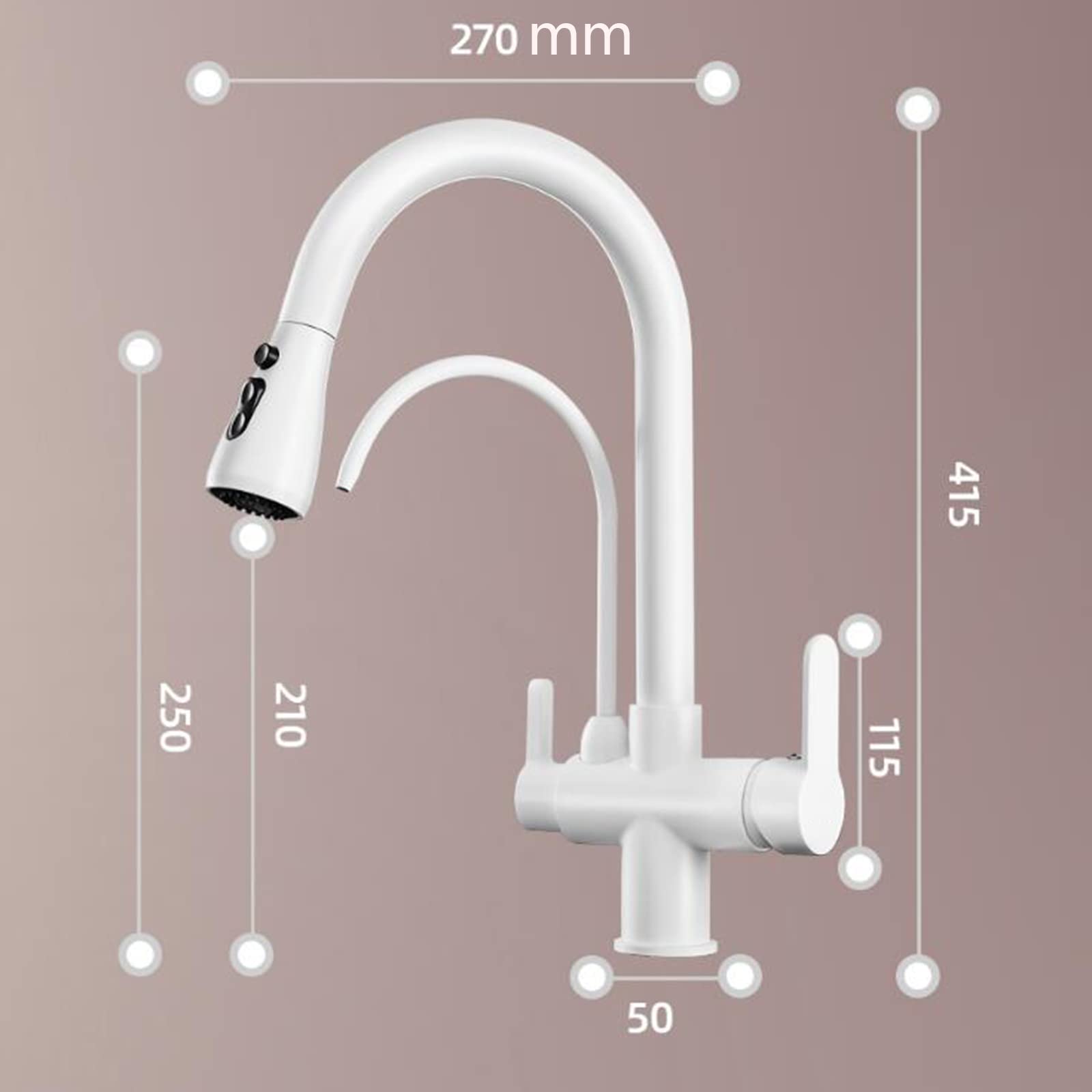 3 in 1 Pull Down Kitchen Faucet with Sprayer - White Brass Telescopic Rotating 3-Way Mixer Tap for Modern Home Kitchen Sink (Ideal for Washing Dishes, Filling Pots & Cleaning Vegetables)