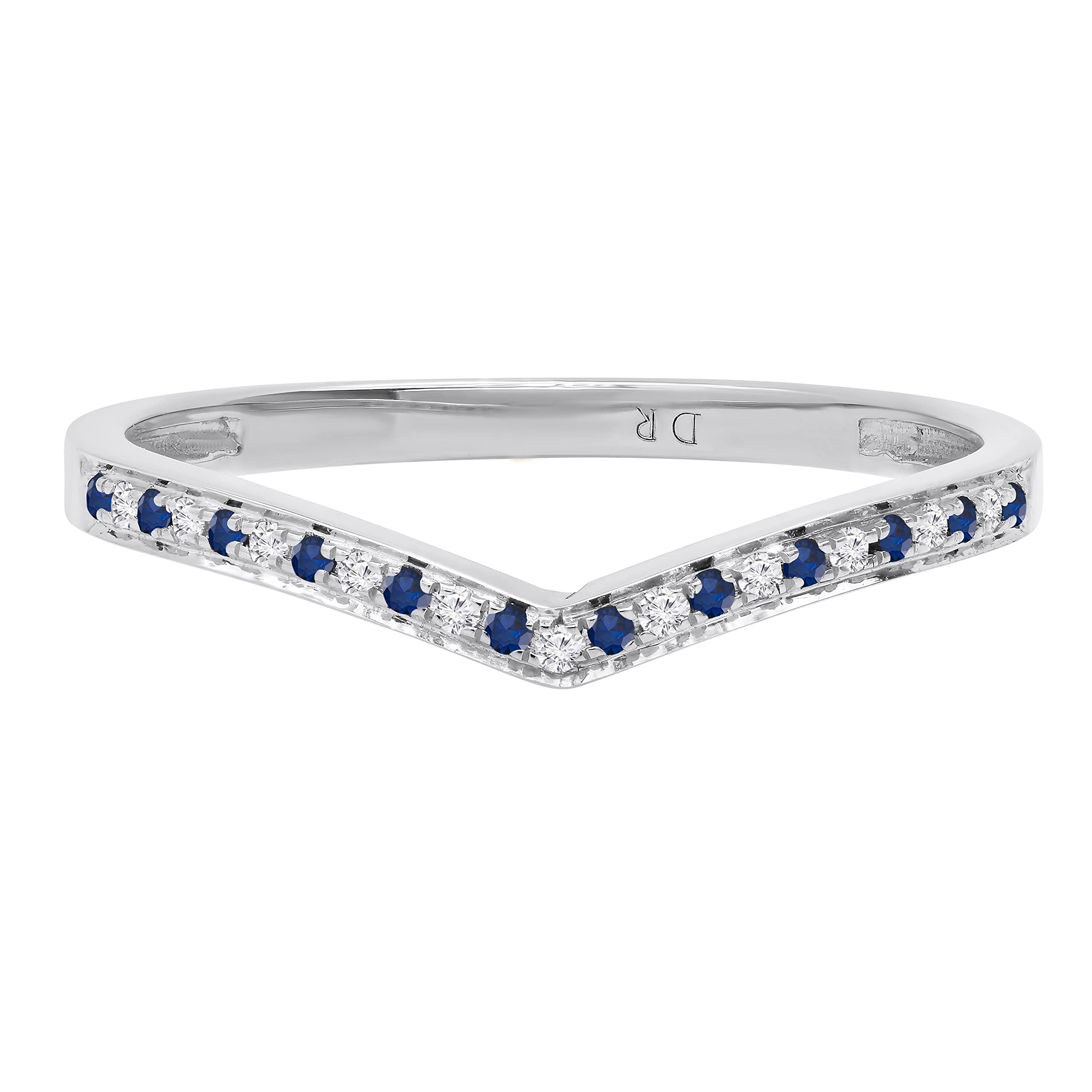 10K Solid White Gold Round Gemstone & Diamond Women's Bridal Wedding Band – Chevron Anniversary Ring for Her | Perfect for Engagement, Proposal, and Special Occasions