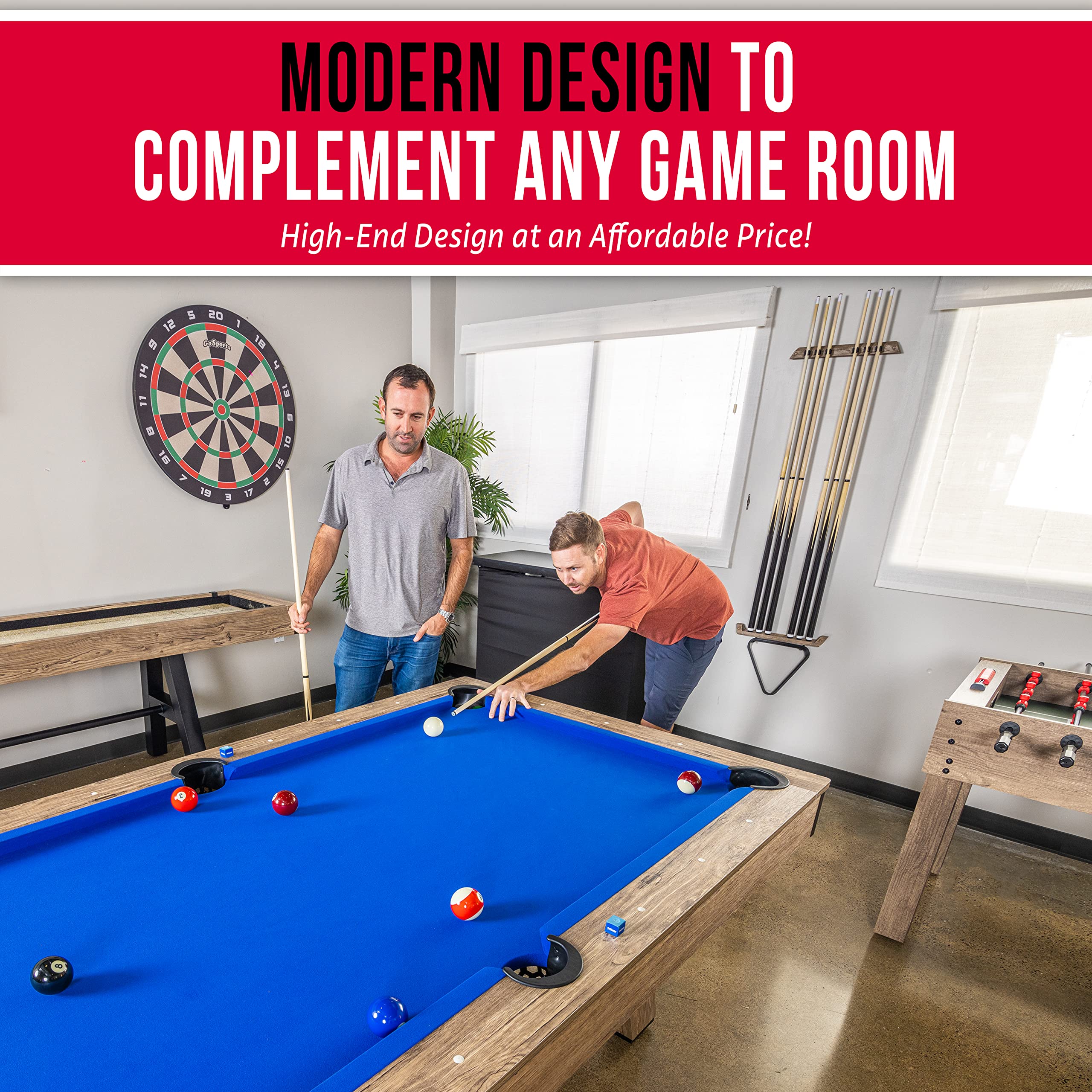 GoSports 7 ft Wooden Pool Table with 2 Cue Sticks, Balls, Rack & Accessories - Modern Billiards Table for Home Game Room, Bar or Office Entertainment