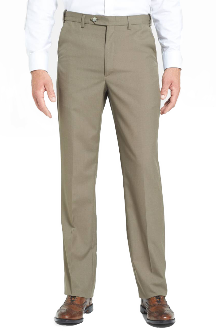 Polyester Wool Tropical Self-Sizing Flat Front Short Rise Light Olive Pants - Perfect for Business Casual & Summer Office Wear