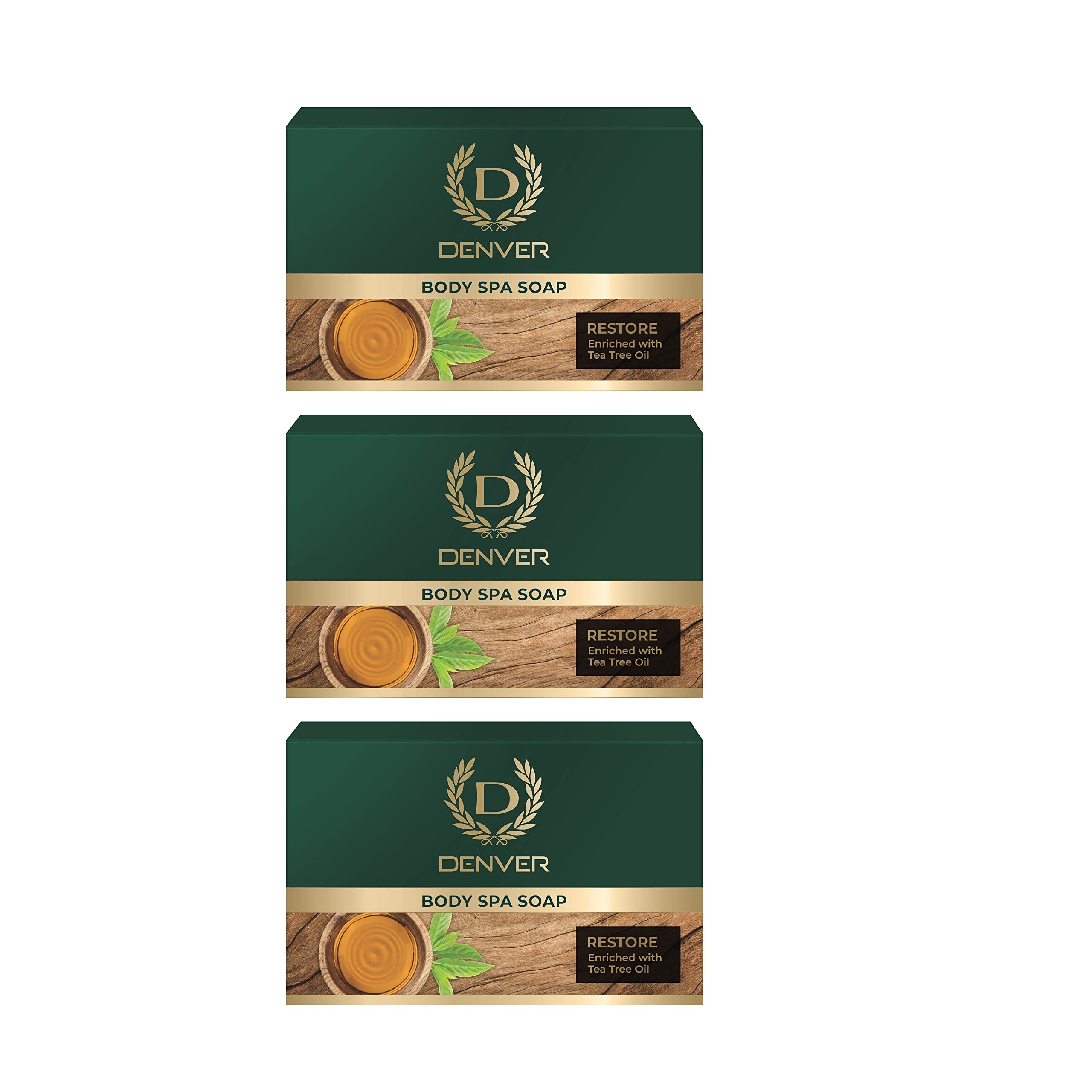 DENVER Restore Body Spa Soap - 125GM Each (Pack of 3) | Tea Tree Oil Enriched | Moisturizing Scented Soap Bar for Men & Women | Perfect for Shower, Gym & Travel