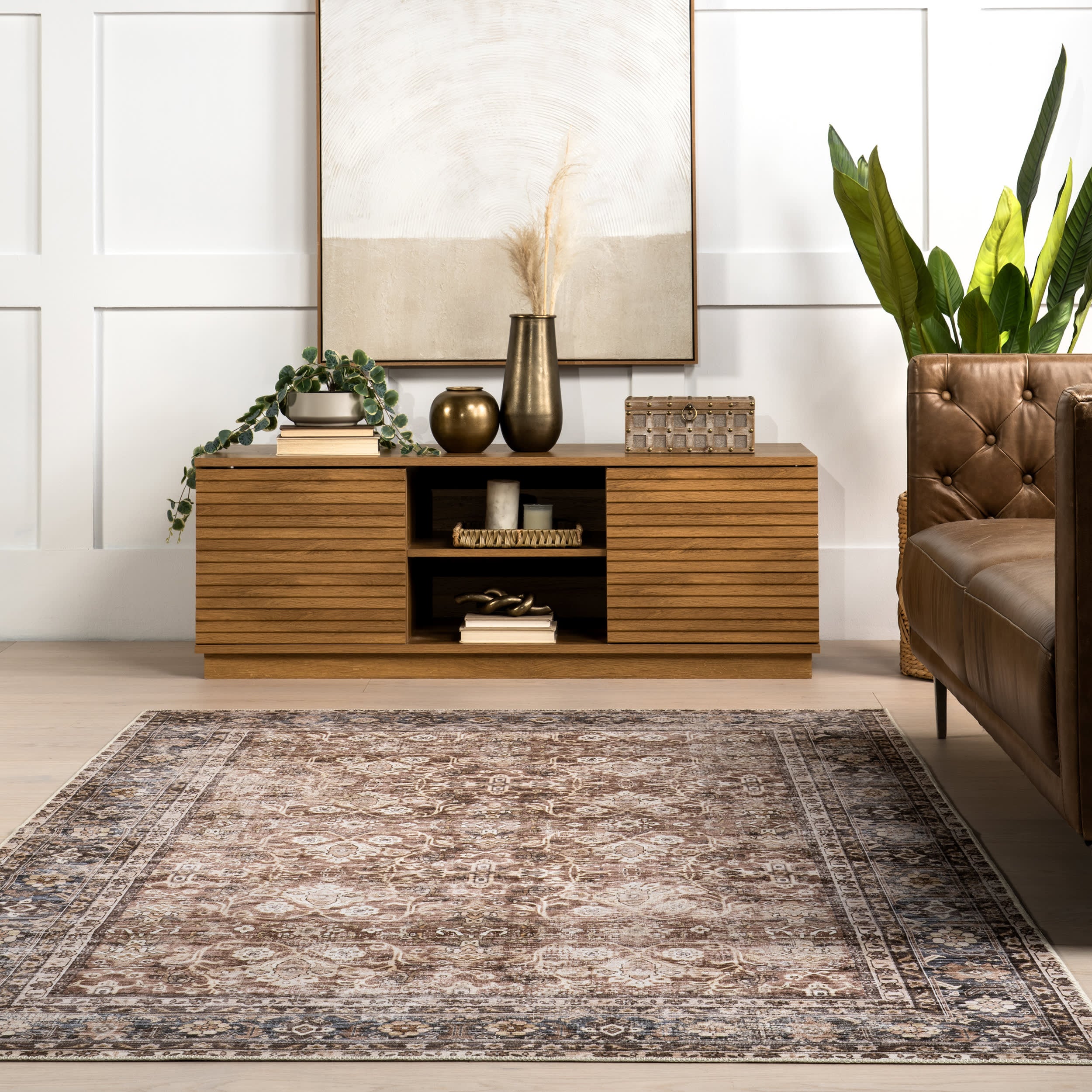 Eula Floral Spill Proof Washable Rug - Brown | Non-Slip Kitchen & Living Room Floor Mat for Home Decor