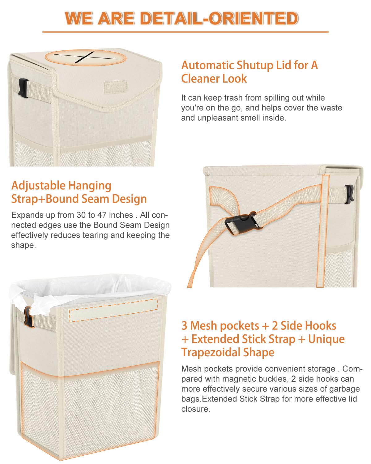 Leakproof Car Trash Can with Lid - Hanging Vehicle Garbage Bin Organizer for Front/Back Seat, Portable Automotive Trash Bag (Trapezoid, Beige) - Perfect for Road Trips, Commuting & Keeping Your Car Clean