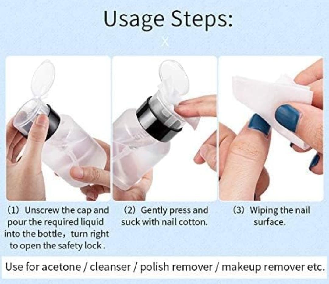 Kreni 2-Pack Lockable Push Down Pump Dispenser Bottles - 200ml Empty Refillable Containers for Nail Polish, Makeup Remover & Essential Oils | Travel-Friendly Cosmetic Storage with Black Top Cap | Perfect for Salon, Home & Travel Organization