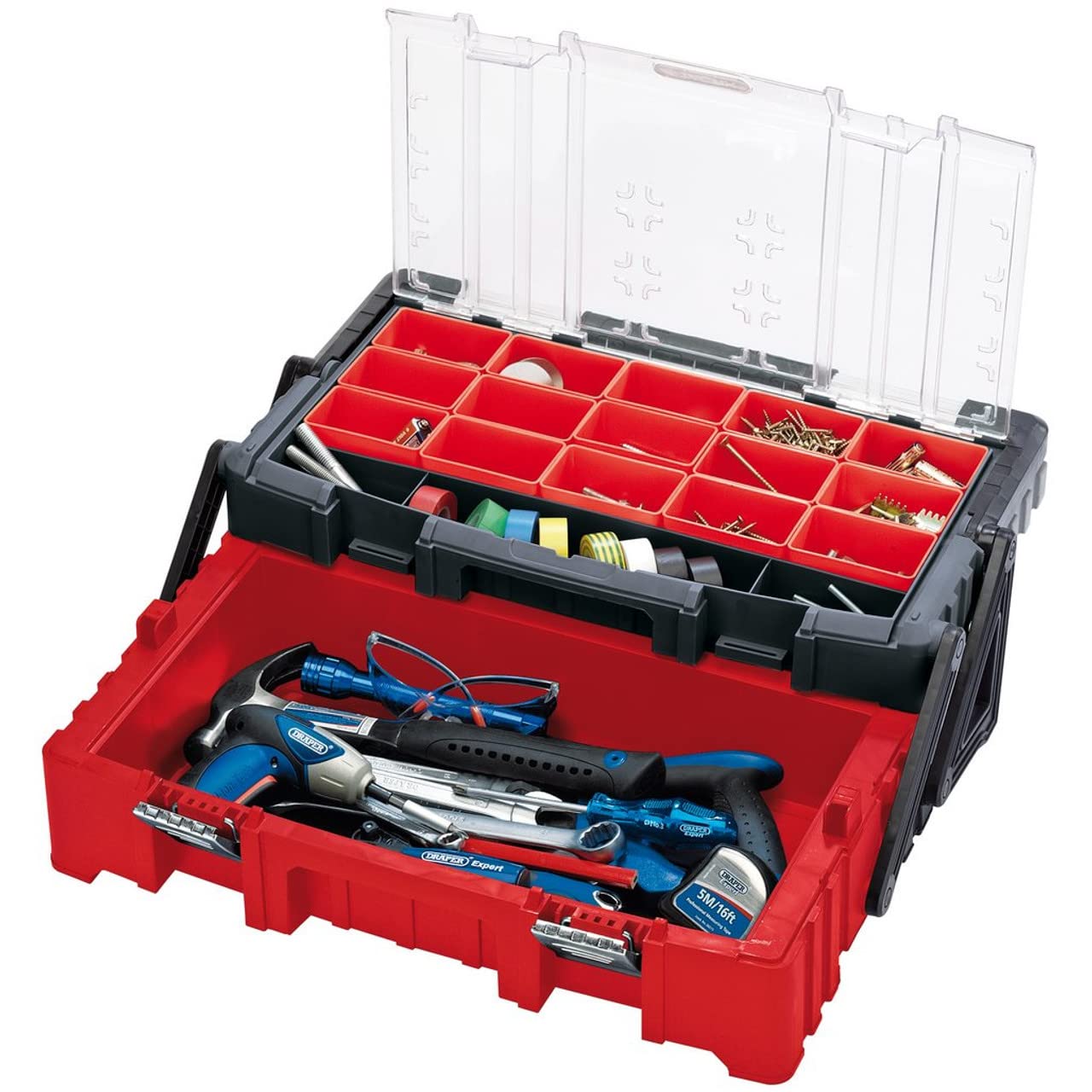 Draper 5180 Heavy Duty Plastic Cantilever Tool Box - Durable Storage for Hand Tools, Wrenches, Screwdrivers - Ideal for Home Garage, Workshop, and Job Site Organization