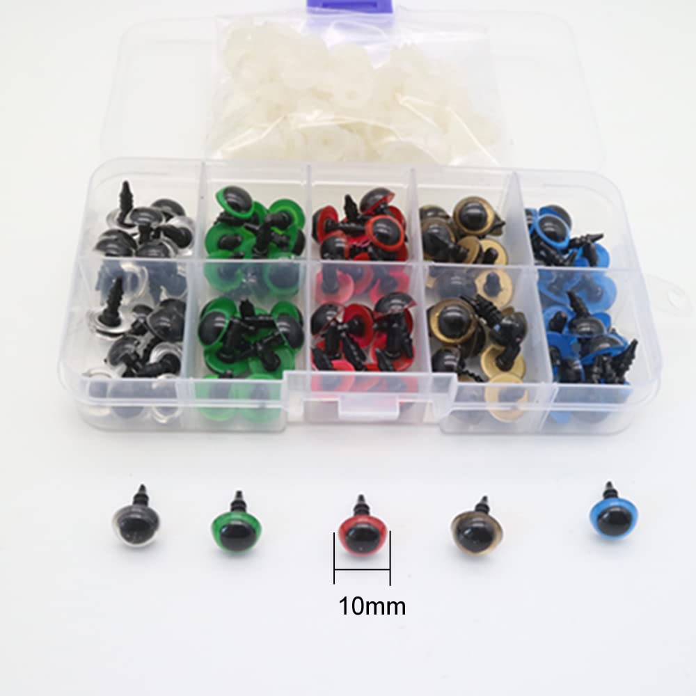 100 Pieces 10mm Plastic Safety Eyes with Washers - Animal Eyes for Sewing, Crafting, Crochet & DIY Projects - Perfect for Amigurumi, Plush Toys, Doll Making and Handmade Crafts
