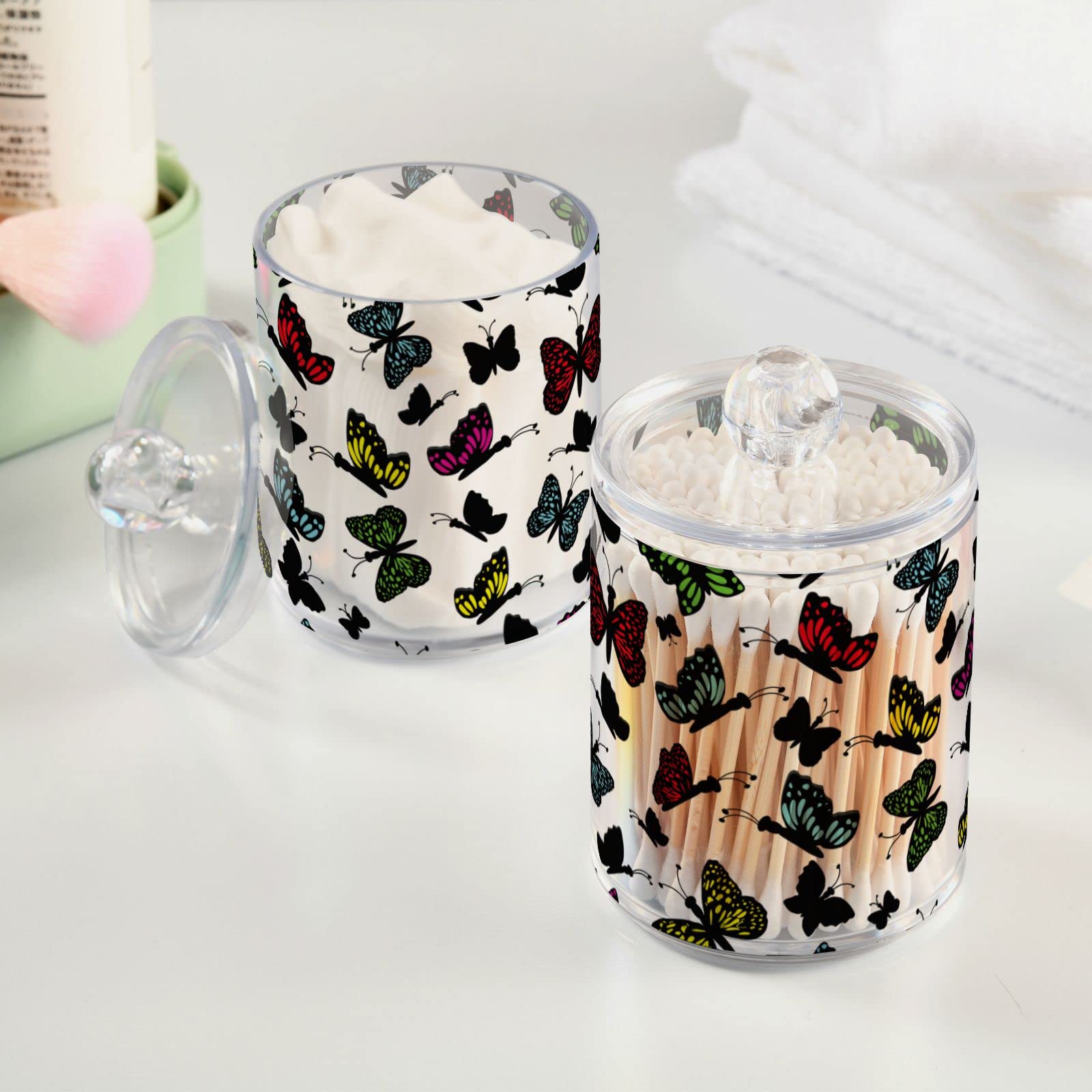 4-Pack Butterfly Q-Tip Holder Organizer & Dispenser - Bathroom Vanity Storage Canisters for Cotton Swabs, Pads & Floss - Perfect for Countertop, Medicine Cabinet & Apothecary Jar Organization