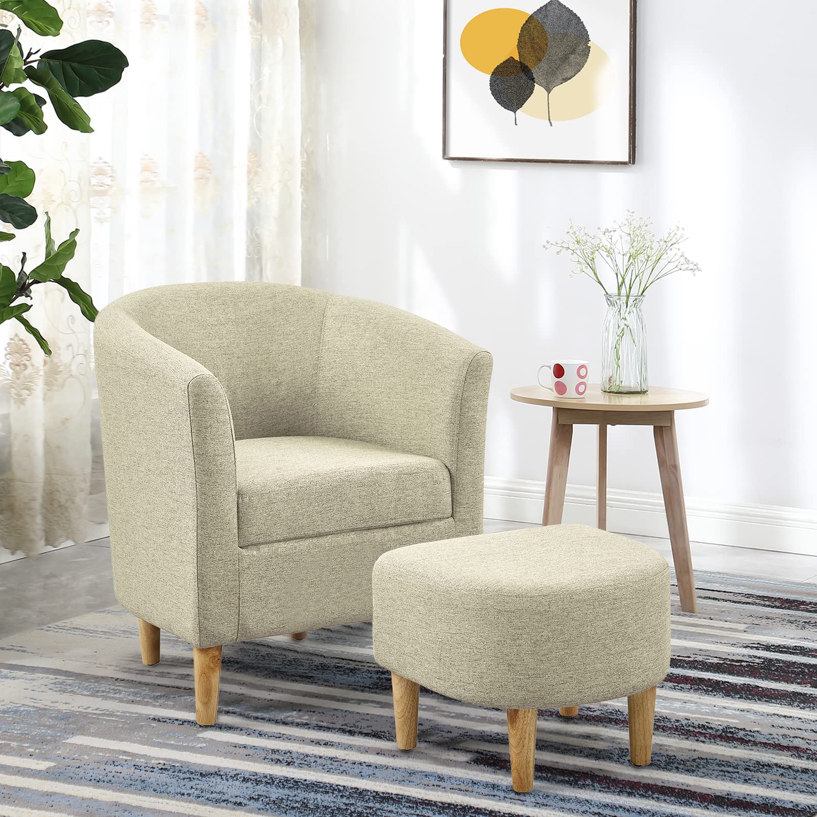 Mid Century Modern Accent Chair with Ottoman - Barrel Club Tub Sofa for Living Room & Bedroom, Upholstered Comfy Armchair & Footrest Set (Beige, Set of 1) - Perfect for Reading Nook, Lounge & Home Decor