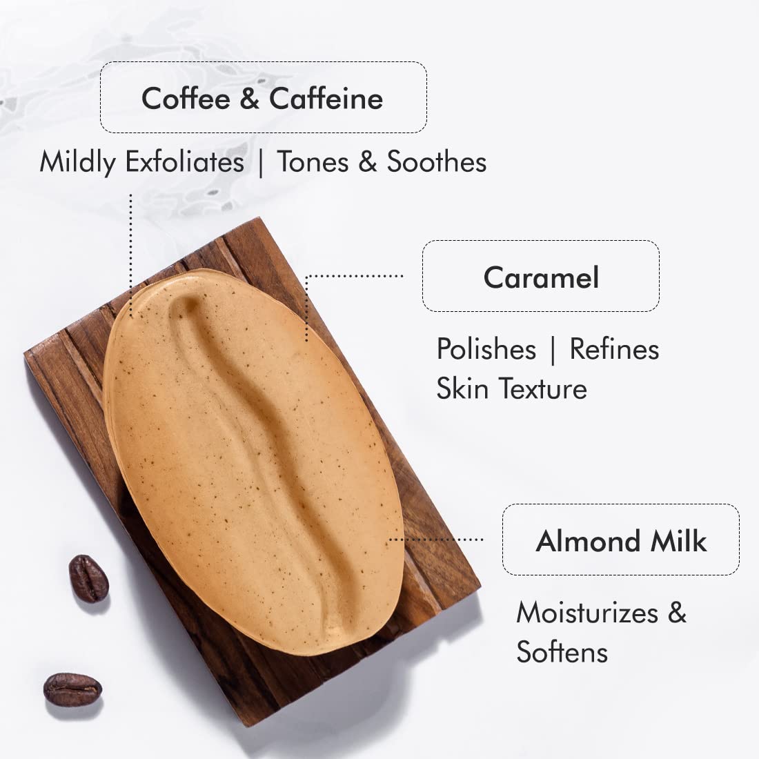 mCaffeine Coffee & Almond Milk Exfoliating Soap - Tan Removal, Skin Polishing & Moisturizing - Caramel Scented Bean Shaped Bath Bar for Women & Men | Perfect for Daily Skincare Routine & Post-Sun Tan Removal