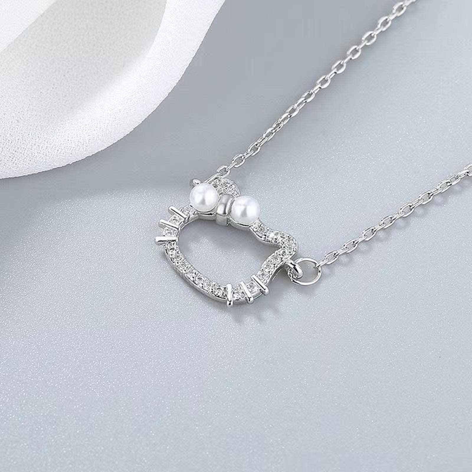 Sterling Silver Cat Necklace with Pearl & Zirconia - Cute Gift for Women & Teens - Perfect for Parties & Daily Wear