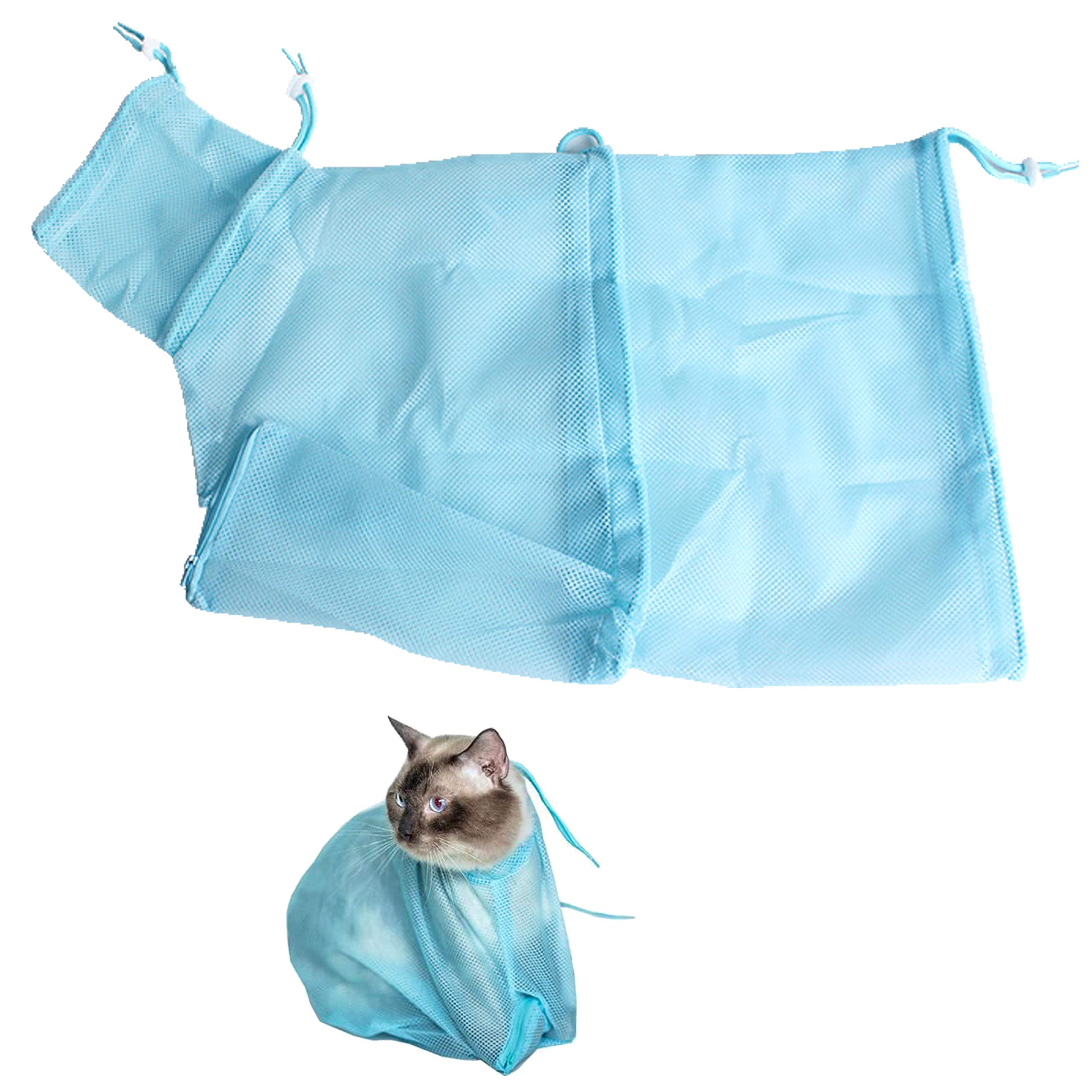 Adjustable Multifunctional Polyester Cat Bathing Bag - Pet Shower & Nail Trimming Mesh Carrier for Grooming (Blue) - Perfect for Stress-Free Bath Time & Safe Nail Care at Home