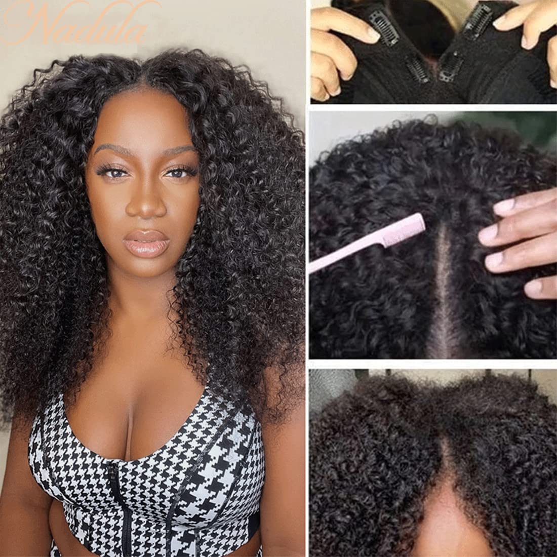Nadula 10A Malaysian Kinky Curly Human Hair V-Part Wig | Glueless No Leave Out U-Part Wig for Black Women | 150% Density 24-Inch Afro Curly Clip-In Half Wig | Beginner Friendly Natural Hairstyle for Daily Wear, Parties & Special Occasions
