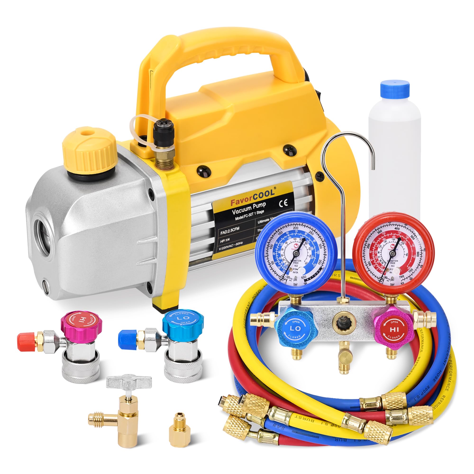 **AC Gauges and Vacuum Pump Kit - 3 CFM 1/4 HP HVAC Vacuum Pump & R410a R134a R22 Manifold Gauge Set with 4FT Hoses, Adjustable Couplers, Adapter & Can Tap - Perfect for AC Repair, Refrigerant Charging & HVAC Maintenance**