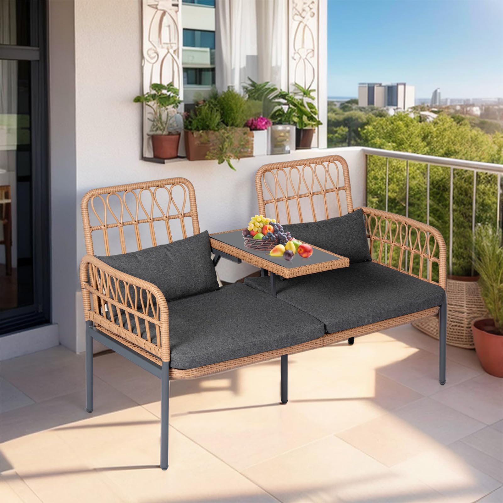 Outdoor Loveseat 2-Piece Patio Furniture Set - Wicker Porch Conversation Set with Cushions, Lumbar Pillows & Built-in Table | Perfect for Backyard, Garden, Deck or Poolside Relaxation