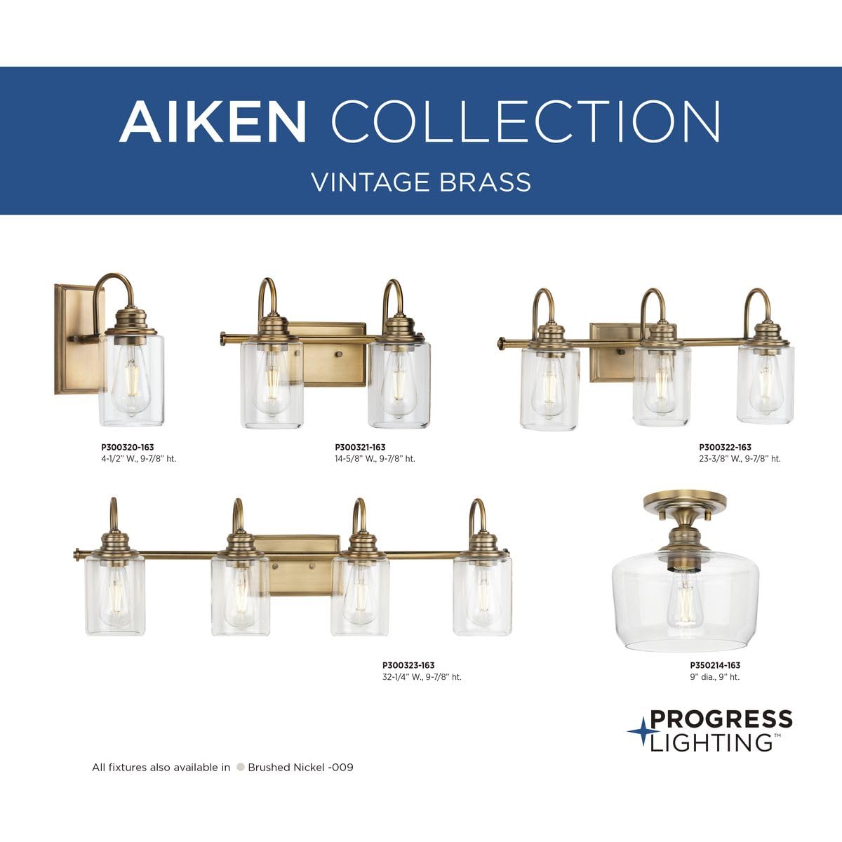Progress Lighting Aiken Collection 4-Light Vintage Brass Vanity Light with Clear Glass Shades - Perfect for Bathroom, Powder Room, and Dressing Area Lighting