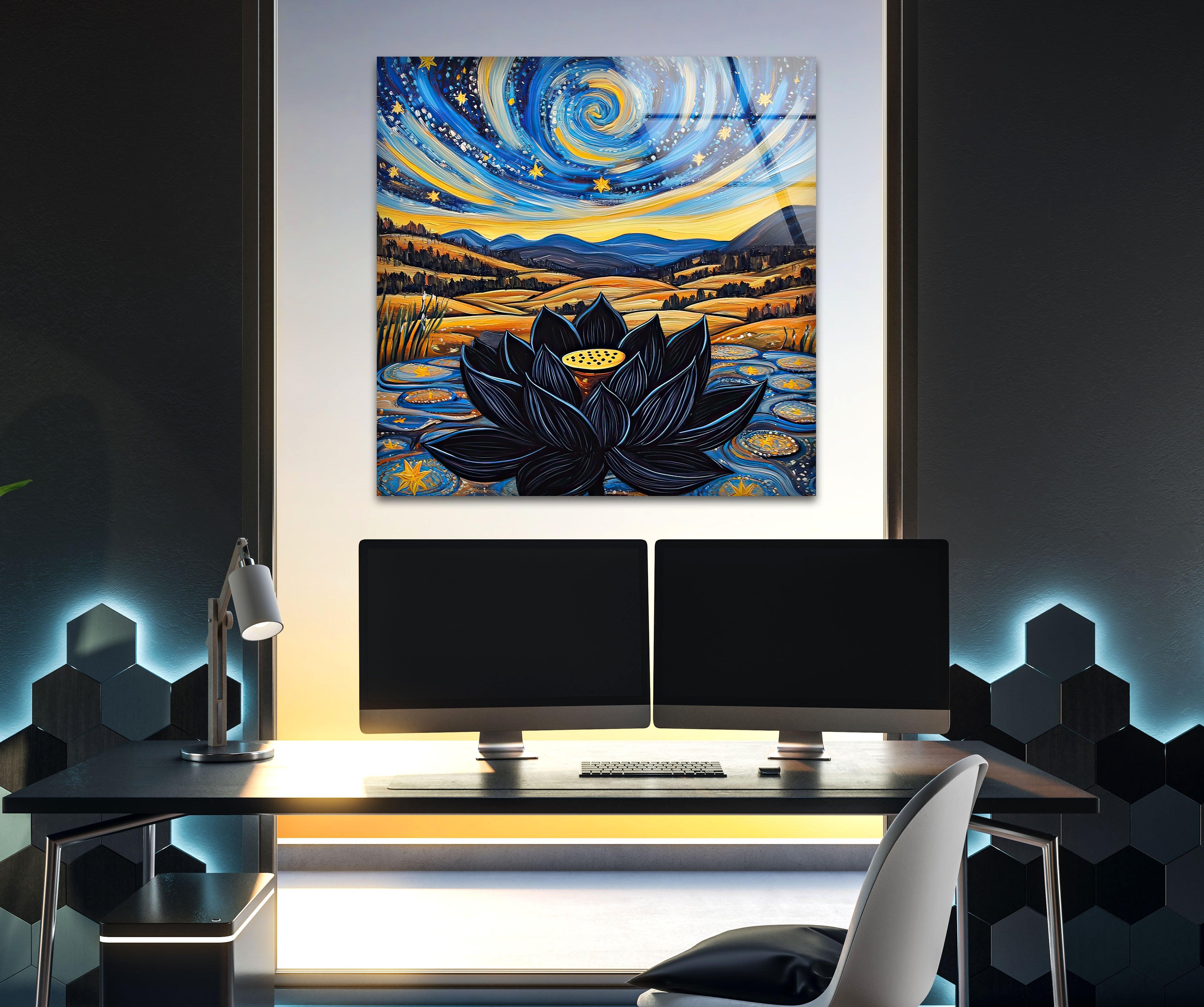 Black Lotus Glass Wall Art - Elegant Handmade Stained Glass Decor for Home & Office - Perfect for Living Room, Bedroom, and Meditation Spaces