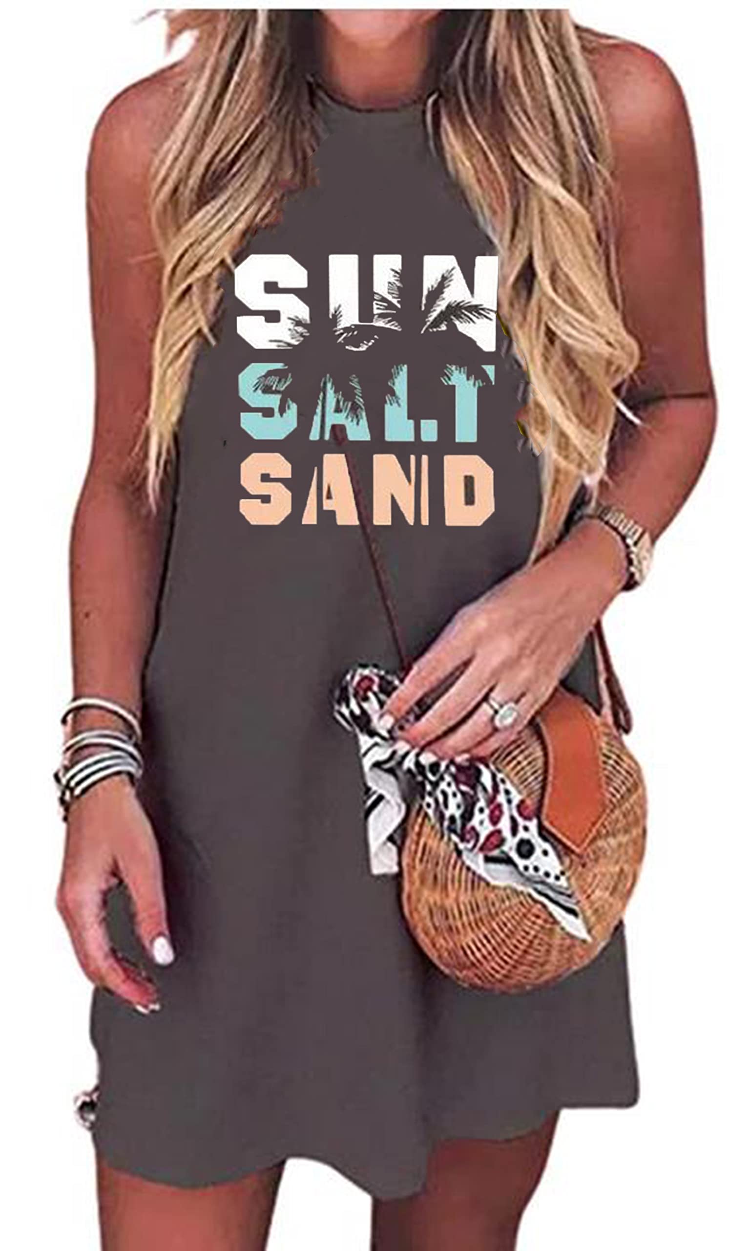 Women's Sleeveless Mini Dress - Sun Salt Sand Coconut Tree Print Workout Tank Dress for Summer Beach Vacation | Casual Wear, Yoga, Pool Party, Tropical Getaway