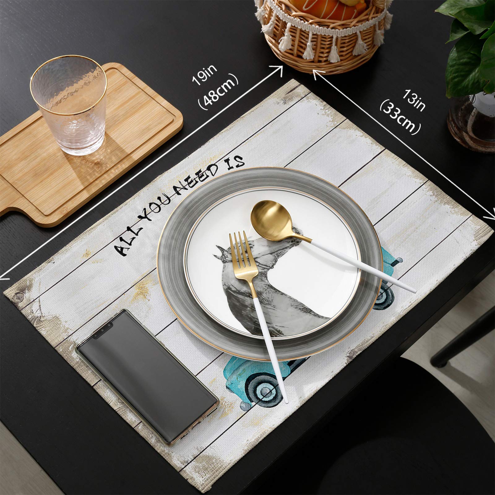 Farmhouse Blue Truck with Dogs Placemats Set of 6 - Stain Resistant Washable Table Mats for Kitchen & Dining - Rustic Wood Grain Design - Perfect for Farmhouse Decor, Family Meals & Holiday Gatherings