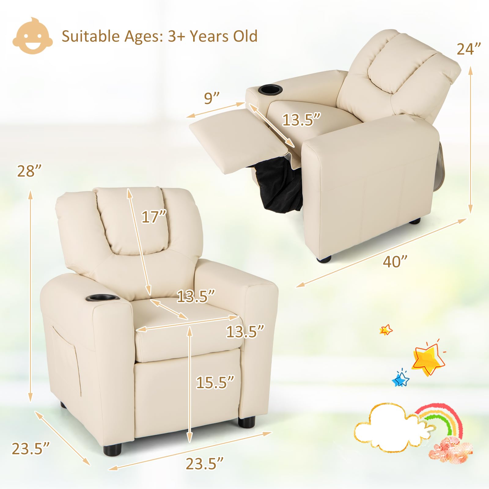 Costzon Kids Recliner Chair with Cup Holder - PU Leather Toddler Armchair with Headrest & Footrest for Boys and Girls - Comfortable Children's Sofa for Bedroom, Playroom, and Nursery (Beige) - Perfect for Reading, Watching TV, and Relaxing