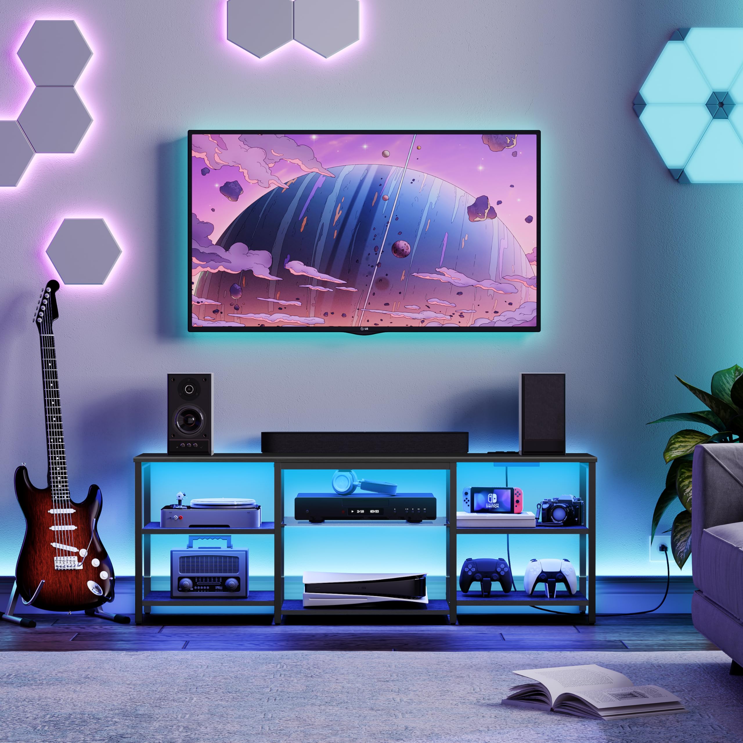 HOOBRO 65 Inch LED TV Stand with Charging Station, 3-Tier Open Storage Gaming Entertainment Center, Long Media Console Table for Living Room & Bedroom - Black BB20UDDS01 | Perfect for Home Theater Setup & Gaming Stations