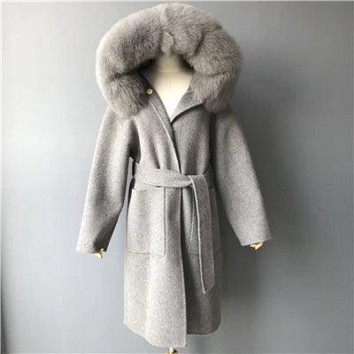 Luxury Women's Winter Coat with Real Fox Fur Hood & Cuffs - 100% Natural Fur, Cashmere Wool Blend, Oversized Loose Fit Jacket for Cold Weather - Perfect for Snowy Days, Outdoor Activities & Fashionable Winter Outfits