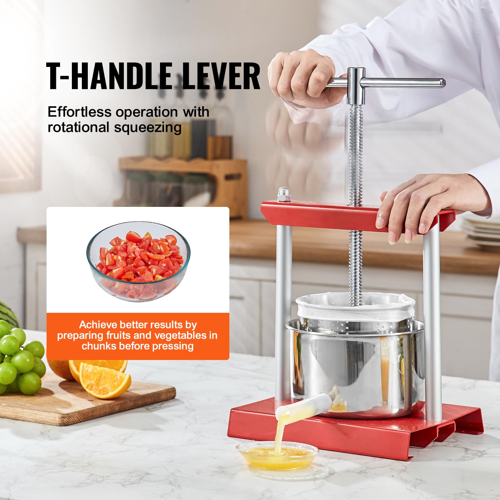 VEVOR 0.53Gal/2L Stainless Steel Fruit Wine Press - Dual Barrel Grape Crusher for Homemade Wine, Cheese, Vegetable & Tincture Making with T-Handle & 3mm Thick Plate - Perfect for Home Brewing, Cider Pressing & DIY Juice Extraction