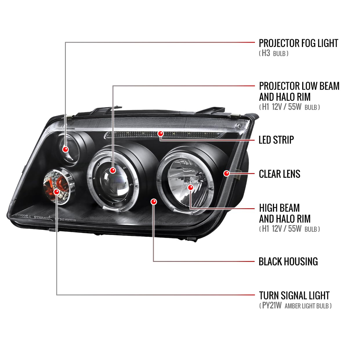 99-05 LED Halo Projector Headlights - Black with Fog Lights | High-Performance Car Headlamps for Night Driving & Off-Road Use