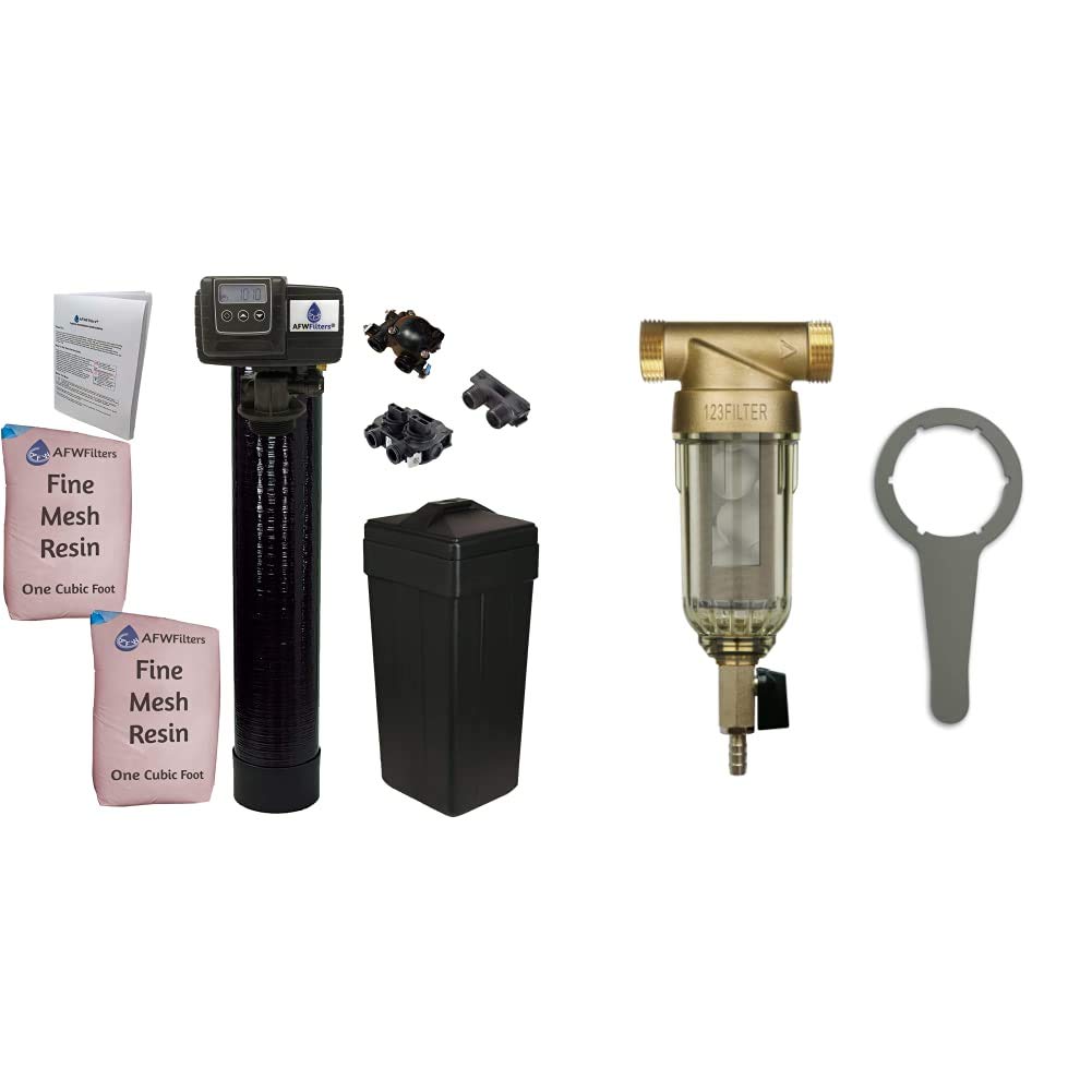 AFWFilters AFW Filters IRON Pro 2 Water Softener (64,000 Grains, Black) & iSpring WSP-50SL Whole House Spin Down Sediment Water Filtration System with Siliphos - 20 GPM, 1