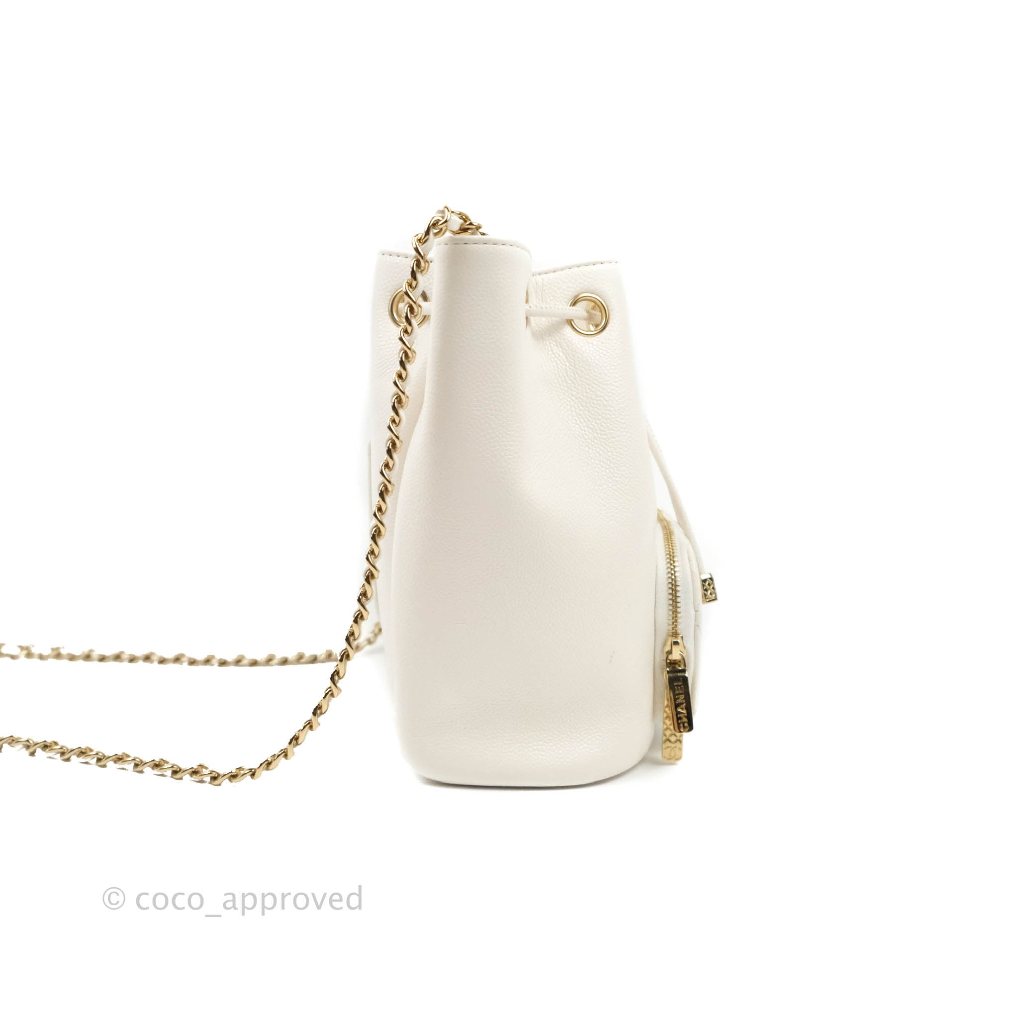 Chanel Business Affinity Drawstring Bucket Bag in White Caviar Leather with Gold Hardware - Perfect for Work, Travel & Everyday Luxury