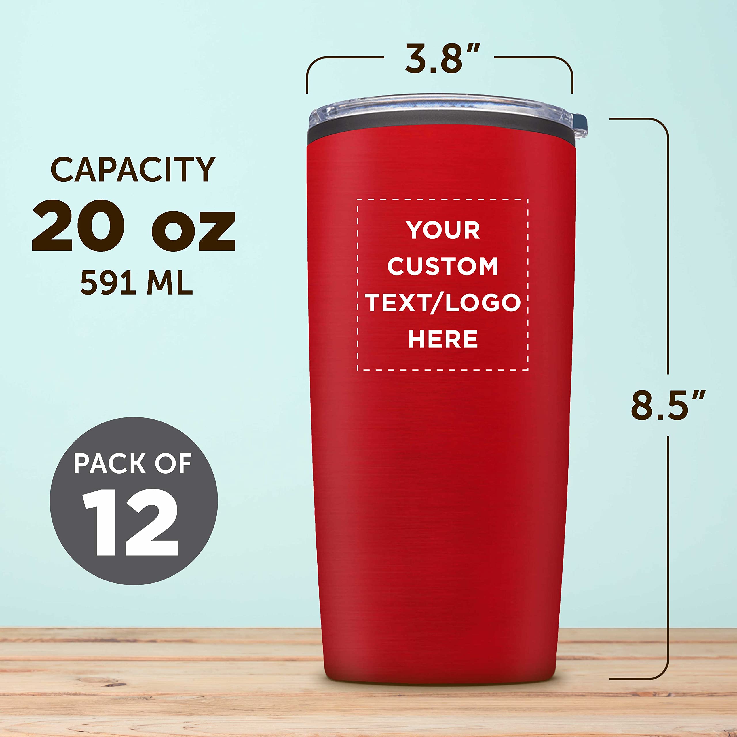 12-Pack Custom 20 oz Plastic Tumblers with Lids - Insulated Personalized Bulk Coffee Cups for Iced Drinks, Travel, Parties & Outdoor Use - Red