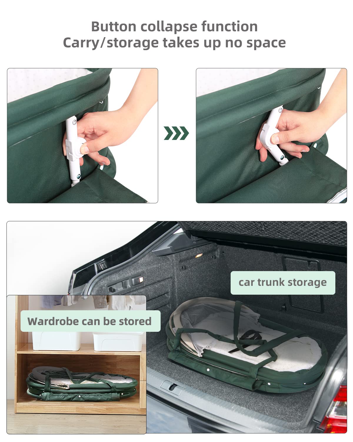 Portable Baby Bassinet for Travel - 2-in-1 Canopy Mini Crib & Co-Sleeper Bed for Newborns & Infants | Lightweight, Foldable & Safe | Perfect for Home, Nursery, Camping & Airplane Travel (Green)