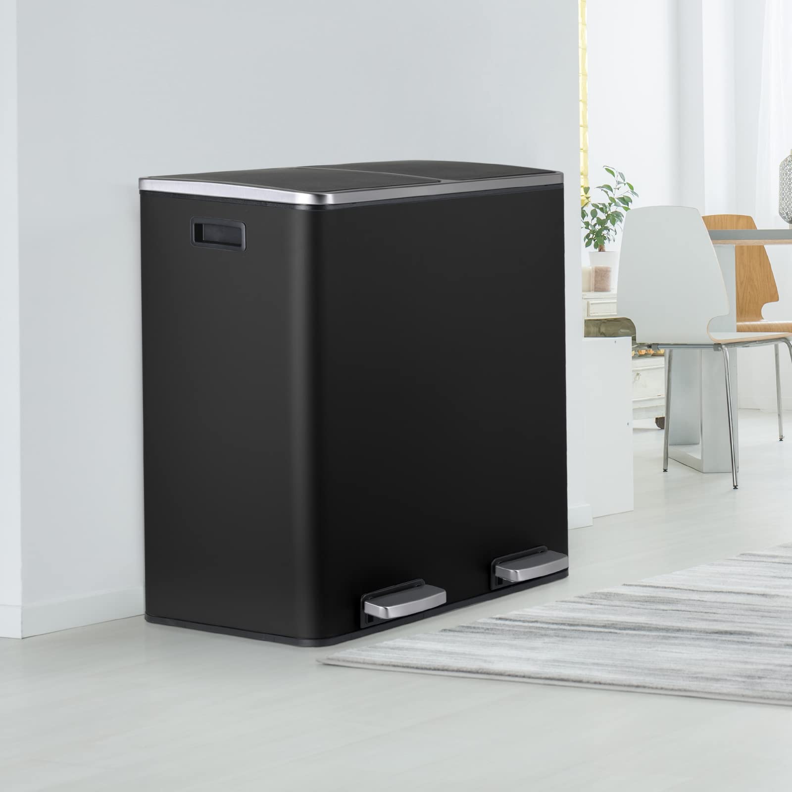 16 Gallon Stainless Steel Trash Can with Dual Compartment - 60L Metal Kitchen Step Recycle Bin, Double Dustbin for Home Use - Includes Removable Liner Buckets (Black) - Perfect for Kitchen Waste Sorting & Recycling