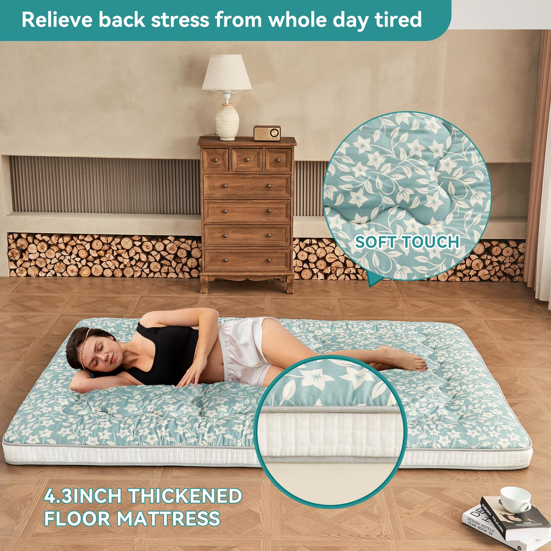 Japanese Floor Futon Mattress - Extra Thick Foldable Roll-Up Bed Topper Mat for Guest, Lounger & Travel | Perfect for Small Spaces, Camping & Home Decor