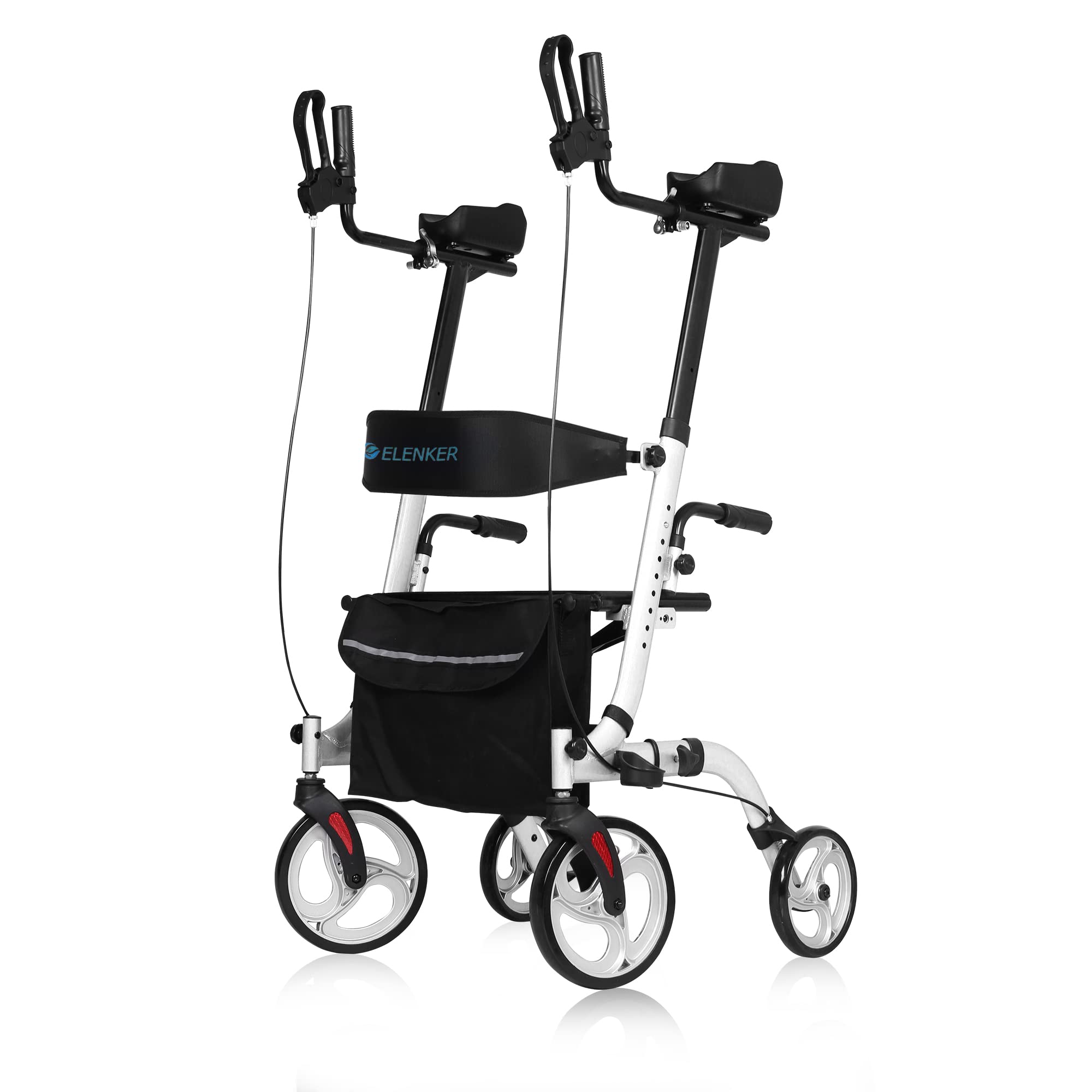 ELENKER Upright Walker with Seat - Foldable Rolling Mobility Aid for Seniors & Adults, Adjustable Height & Padded Armrests - Ideal for Indoor/Outdoor Use, Shopping & Rehabilitation (White)