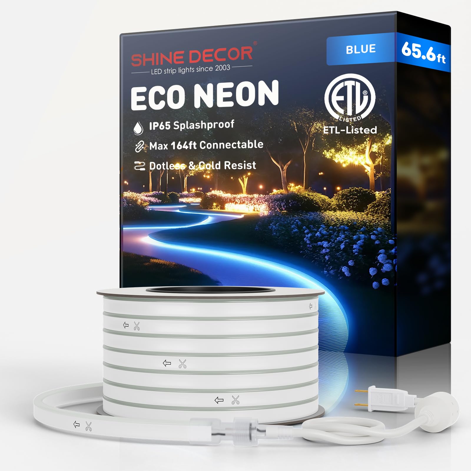 Shine Decor LED Rope Lights 65.6FT - Waterproof IP65 Outdoor/Indoor Neon Strip Lighting, Connectable & Cuttable Dotless 120LEDs/M, ETL Certified for Home & Commercial Use - Perfect for Bedroom, Party, Garden, and Holiday Decorations (Blue, 8x16mm, 120V AC)