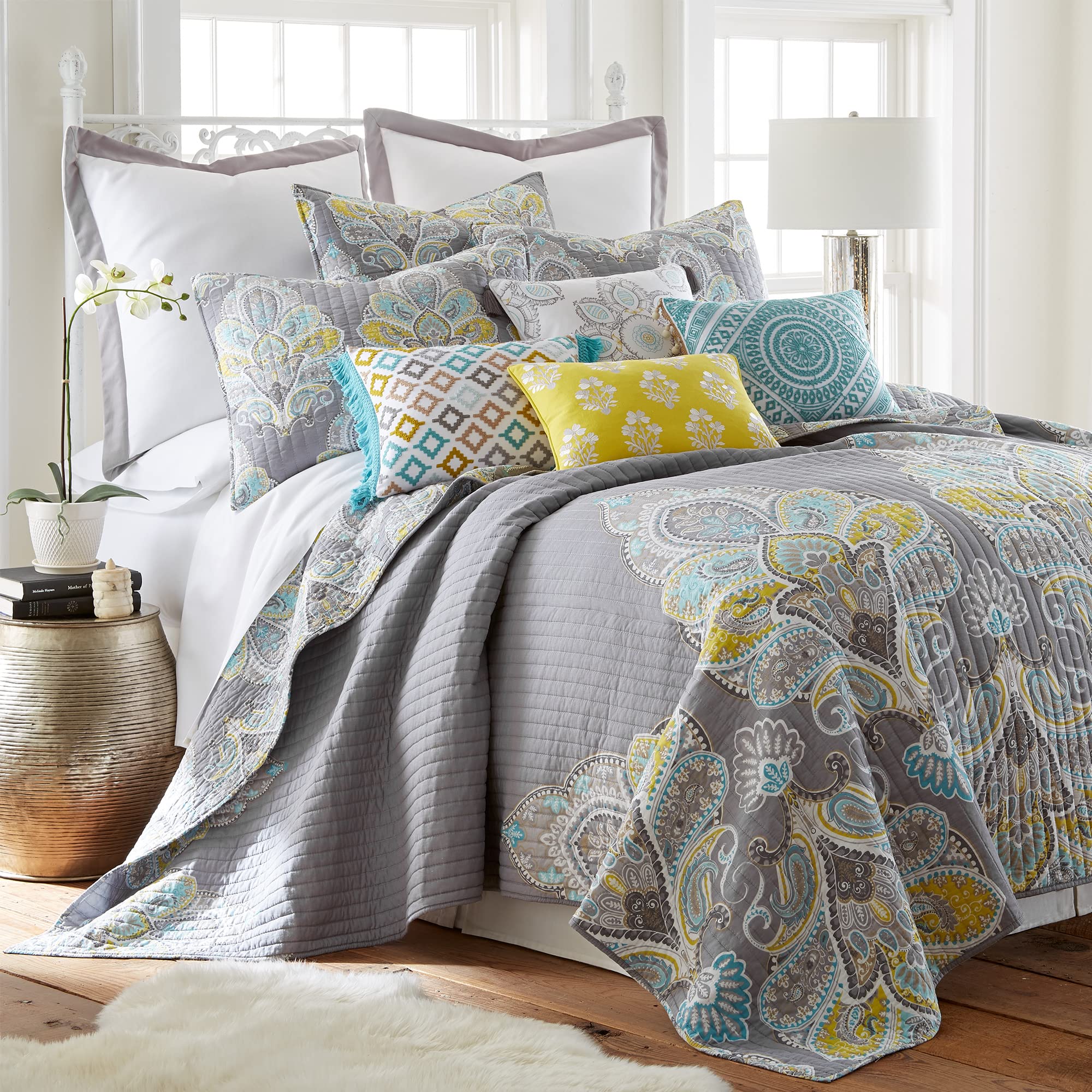 Levtex Home Cressley Full/Queen Quilt Set - 100% Cotton Paisley Pattern Bedding in Gray - Perfect for Master Bedroom, Guest Room & Cozy Home Decor