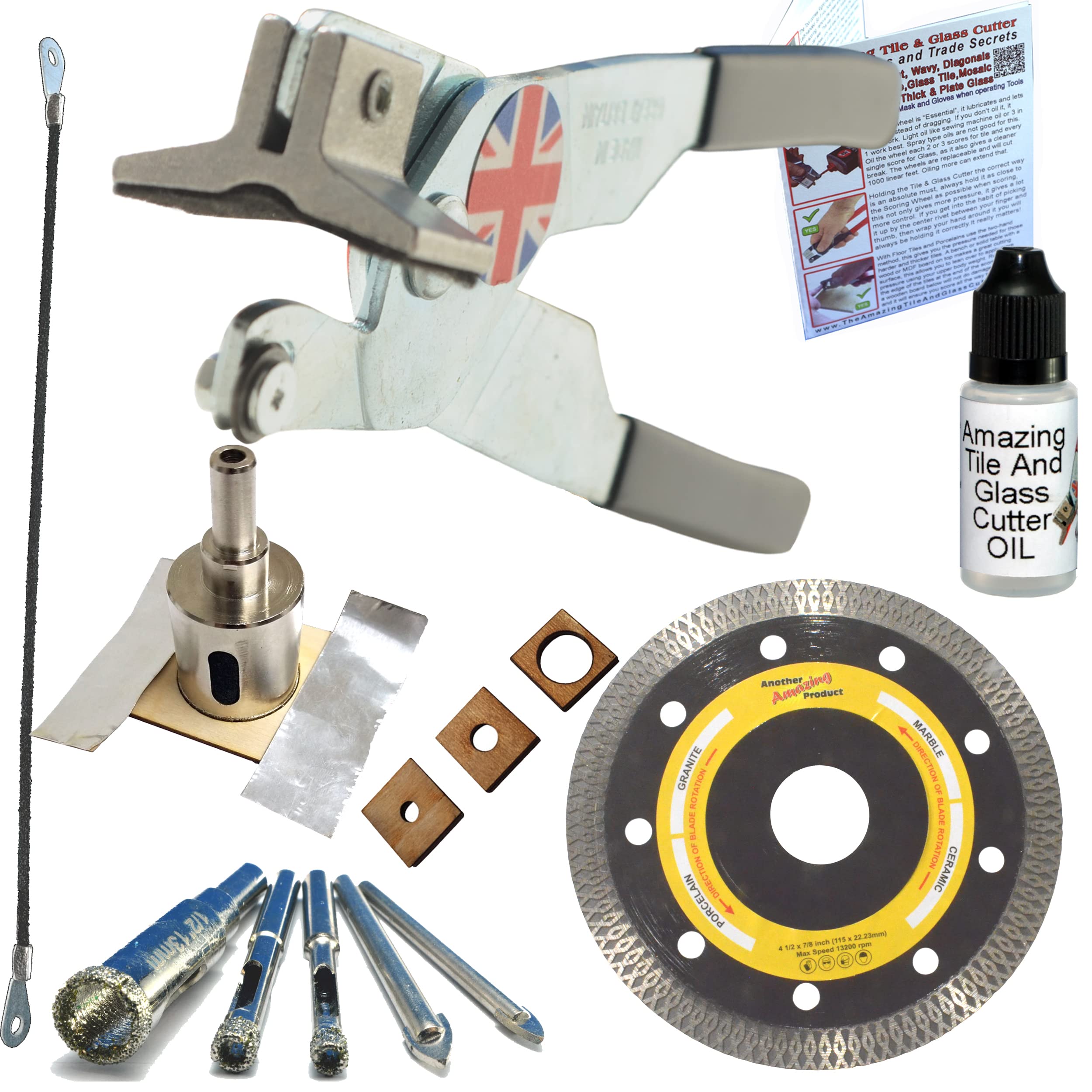 **Premium Tile Cutting Kit with Diamond Blade - 3-in-1 Tile Cutter for Porcelain, Corners & Outlets - Includes Hacksaw Blade, Drill Bits & Hole Saw for Shower Pipes, Faucets & Grab Bars - Perfect for Bathroom & Kitchen Renovations**