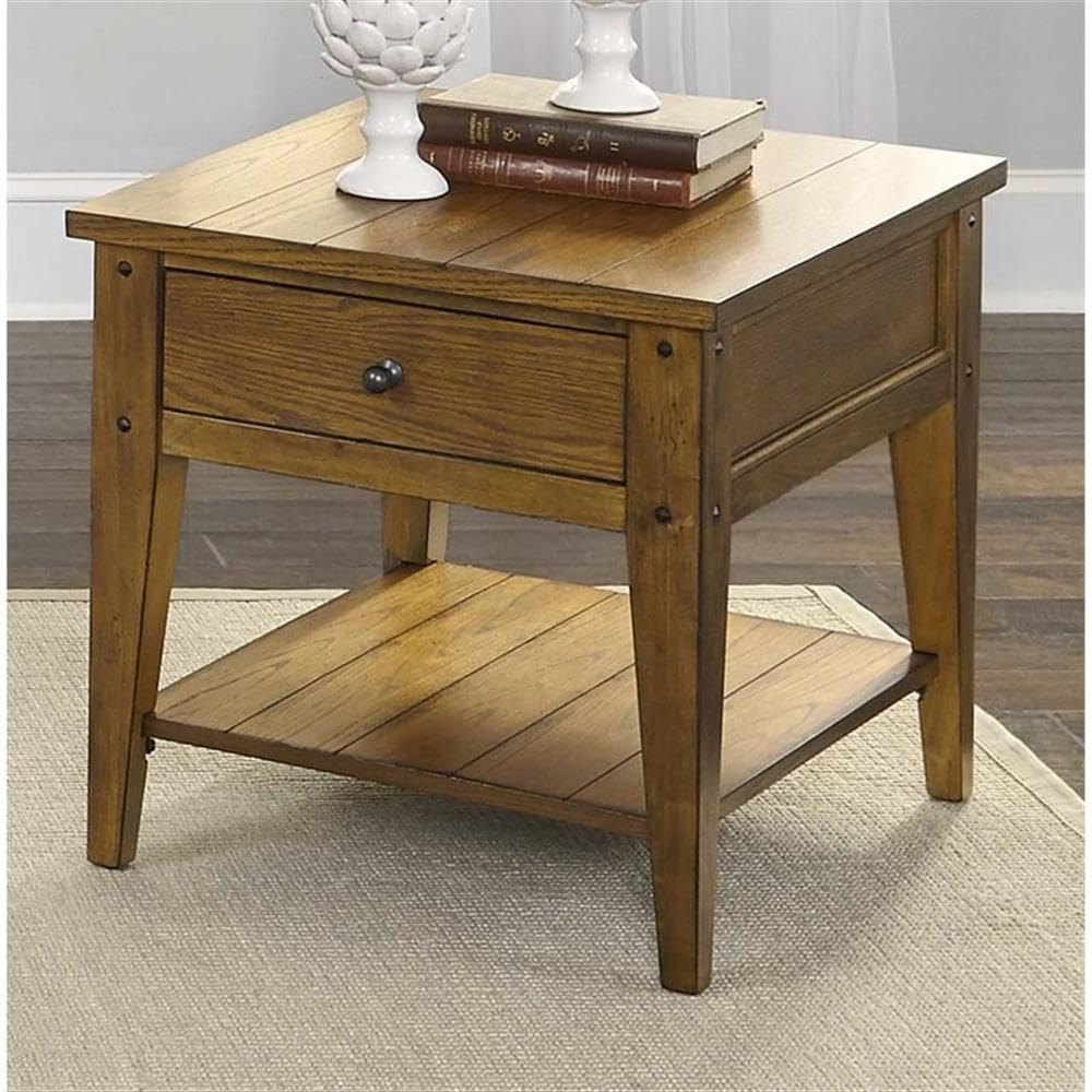 Pemberly Row 1 Drawer Farmhouse End Table - Solid Wood with Brass Accents in Golden Oak Finish | Perfect for Living Room, Bedroom, or Entryway Decor