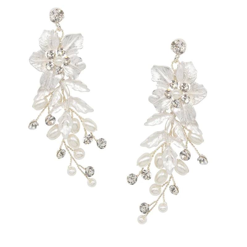 Elegant Floral Pearl and Crystal Bridal Jewelry Set - Necklace & Earrings for Weddings, Prom, and Special Occasions