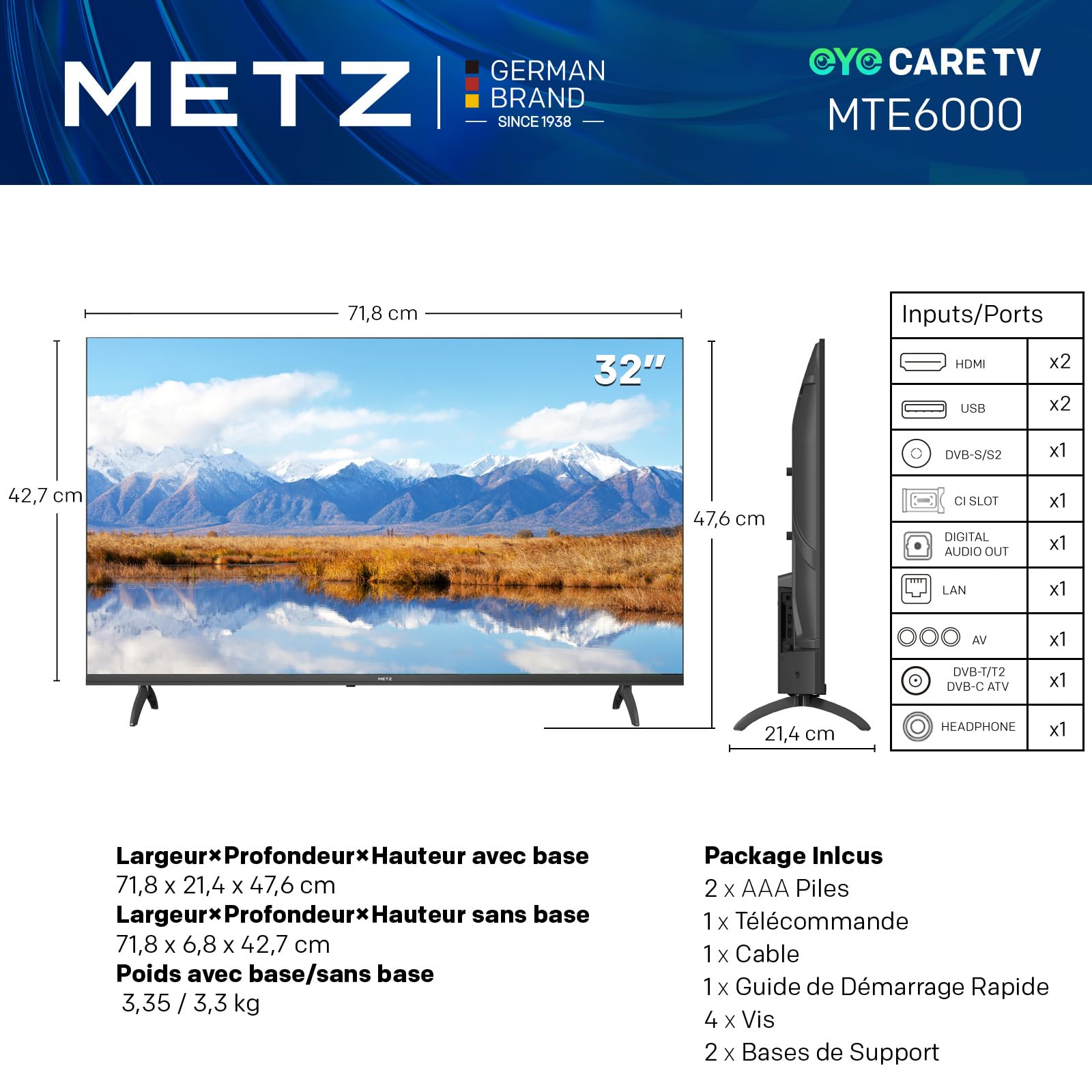 Metz MTE6000 32 Inch Smart LED TV with Google TV - Full HD HDR 10, Dolby Vision, Flicker-Free Game Mode, Voice Remote, Chromecast Built-in, WiFi, DVB-C/T/T2/S/S2, CI+, HDMI & USB - Perfect for Living Room, Bedroom, and Gaming Setup