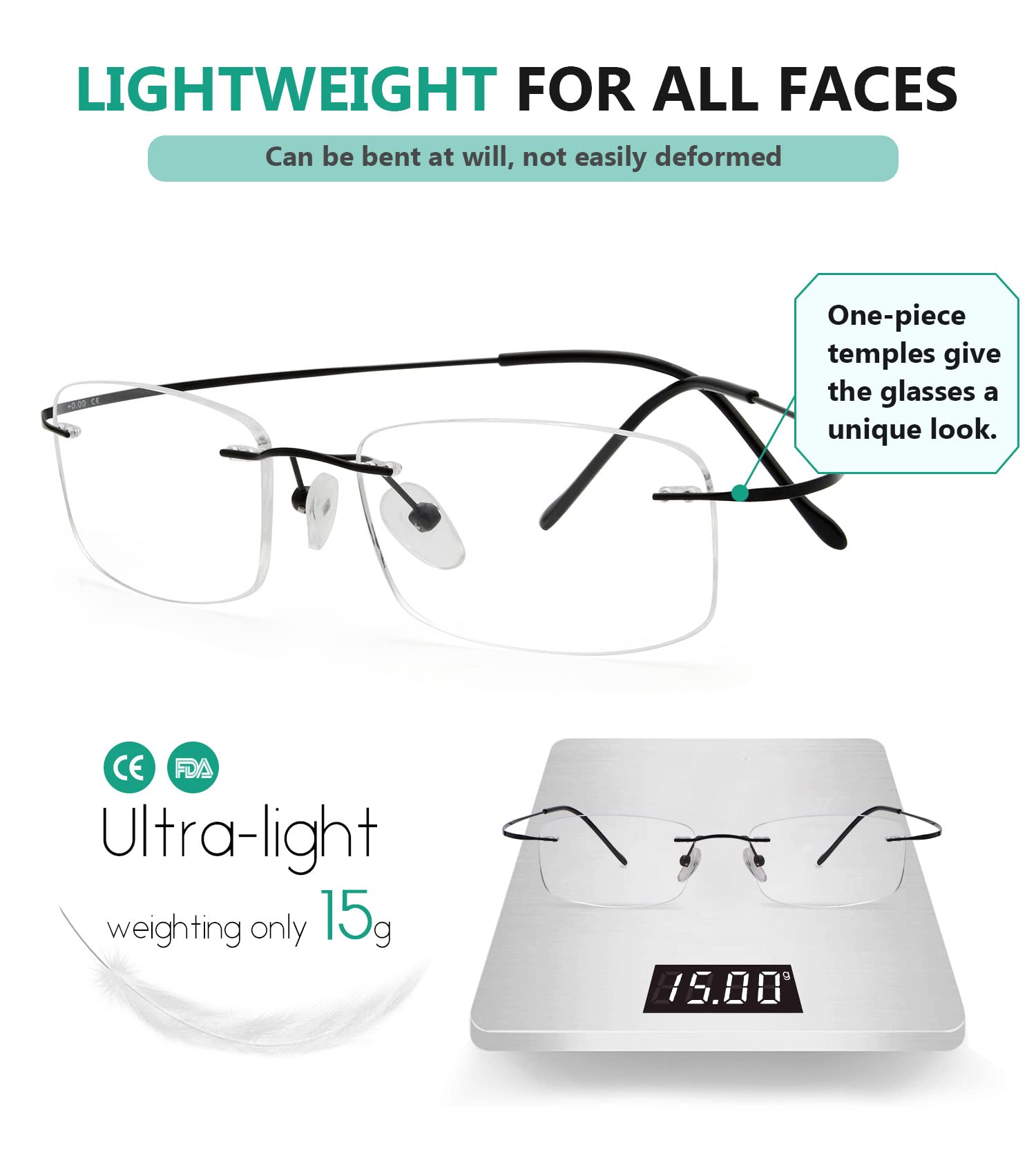Titanium Rimless Reading Glasses for Men & Women - Lightweight Blue Light Blocking Eyewear - Perfect for Office, Reading & Computer Work