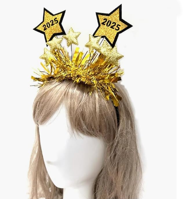 Dusenly 2025 Happy New Year Headband - Gold & Silver Glitter Star Sequins Tiara Hairband for Women | Perfect for NYE Parties, Countdown Events & New Year Celebrations