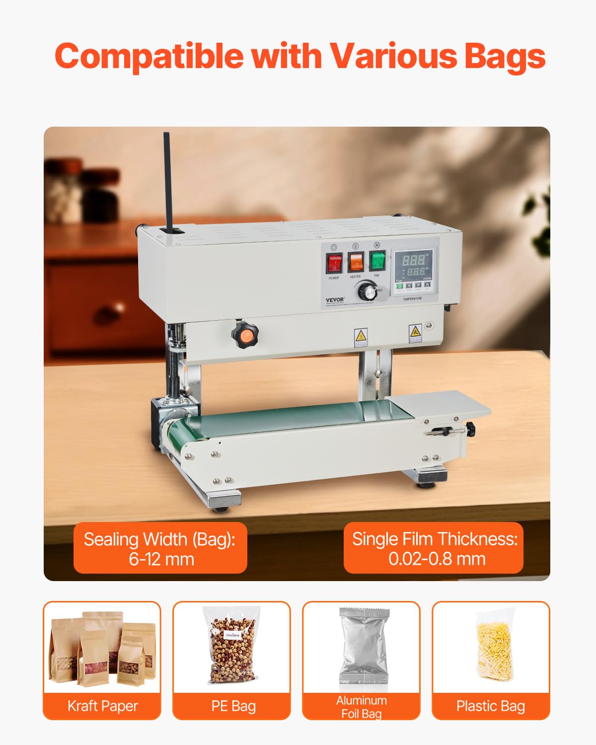 VEVOR Continuous Band Sealer Machine - 6-12mm Adjustable Seal Width, Digital Temperature Control for 0.02-0.8mm Plastic Bags | Food Packaging, Industrial Sealing, Warehouse Use | Commercial Bag Sealing Equipment for Plastic Films & Pouches