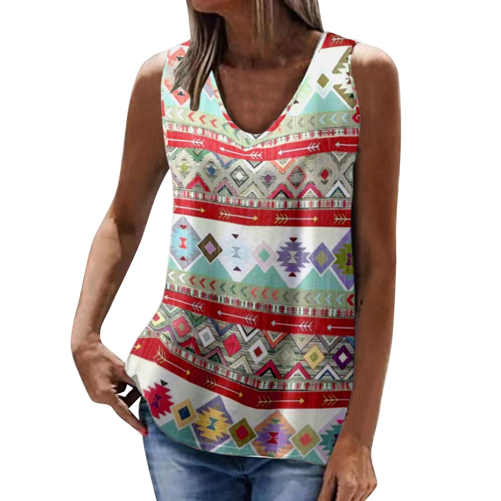 Women's Geometric Print Sleeveless Tank Tops - Soft Round Neck Summer Blouse for Casual Wear & Gym Workouts
