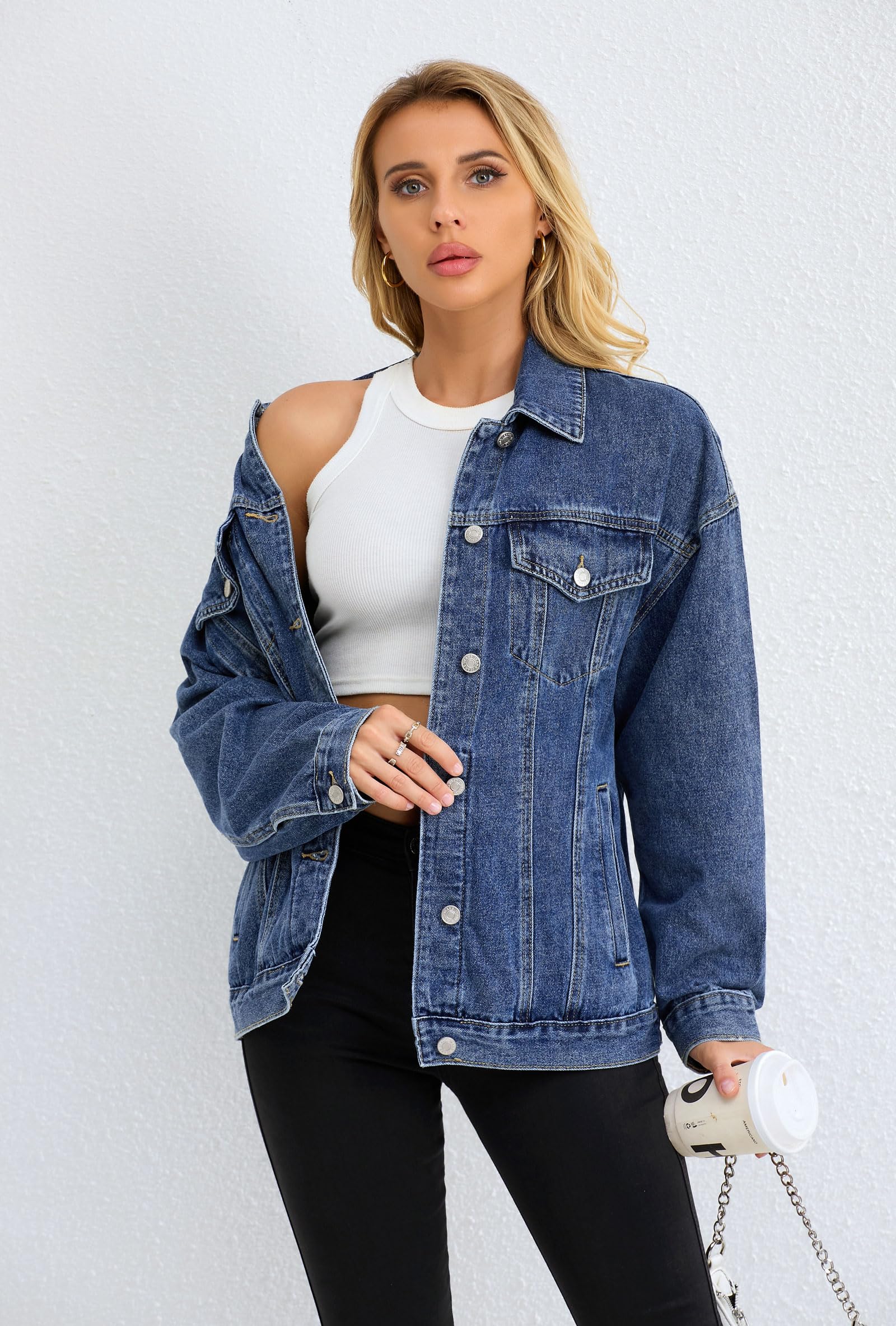 Trendy Oversized Denim Jacket for Women - Loose Fit Long Boyfriend Style Jean Coat - Perfect for Casual Outfits, Layering & Streetwear Fashion