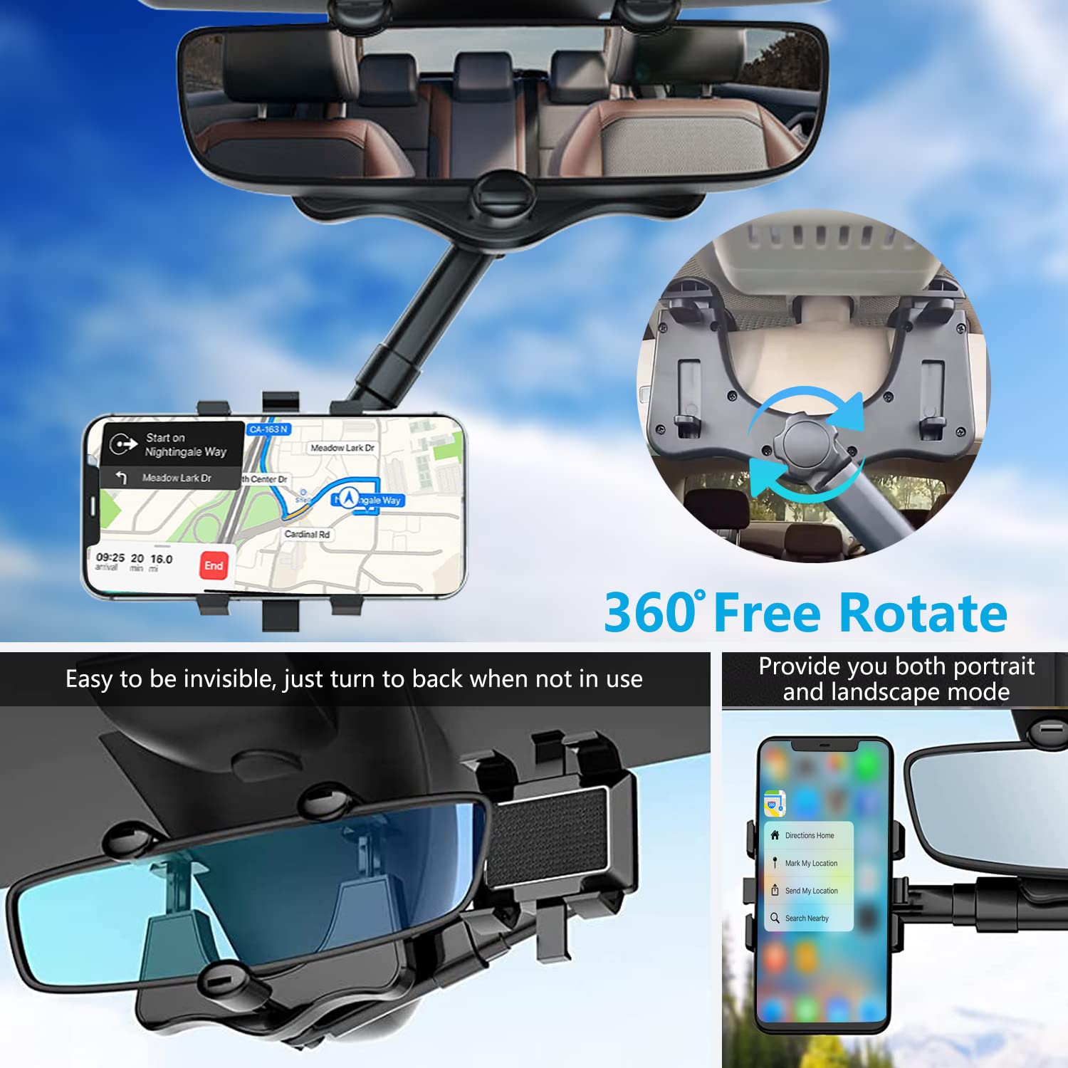PKYAA 360° Rotating Car Phone Holder for Rearview Mirror - Adjustable Arm Length, Universal Mount Compatible with All Smartphones & GPS Devices - Perfect for Hands-Free Navigation, Rideshare Driving & Road Trips