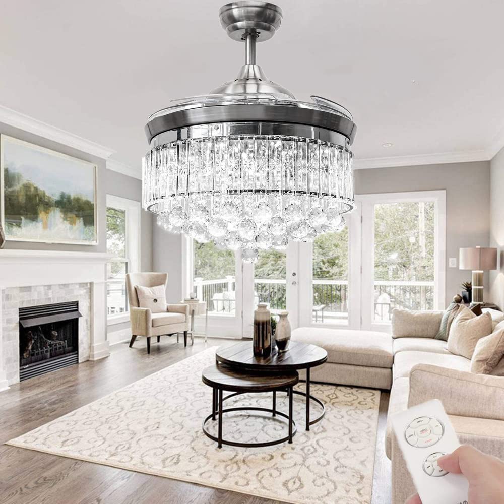 Modern Crystal Retractable Ceiling Fan with LED Lights & Remote - for Living Room & Bedroom