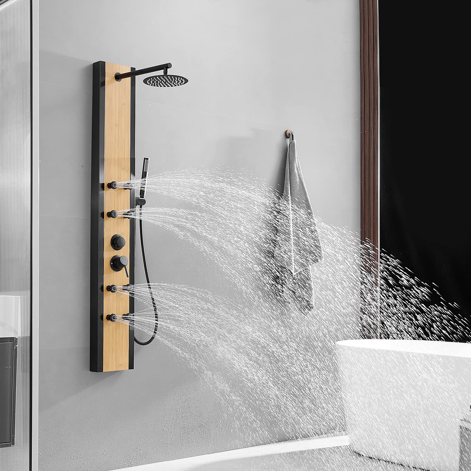 BWE 8-Jet Multifunction Shower Panel System - Black Stainless Steel & Bamboo Wood Massage Panel with Handheld Shower Wand - Wall Mount Shower Column for Spa-Like Relaxation in Bathroom
